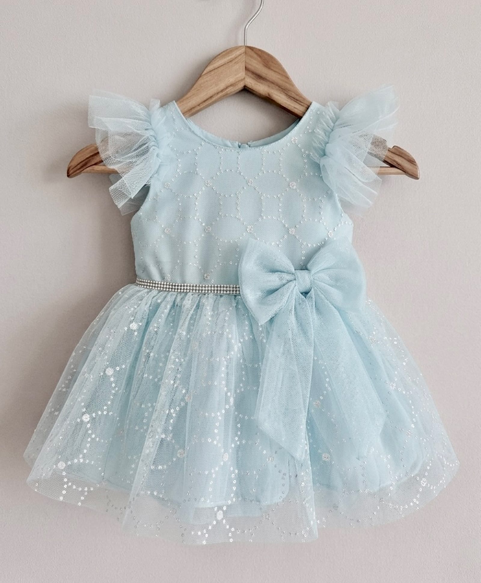 smile baby NX Net Knit Sleeveless Frill Sleeves Stones Embellished Bow Applique Detailed Dress - Sky Blue-image-17