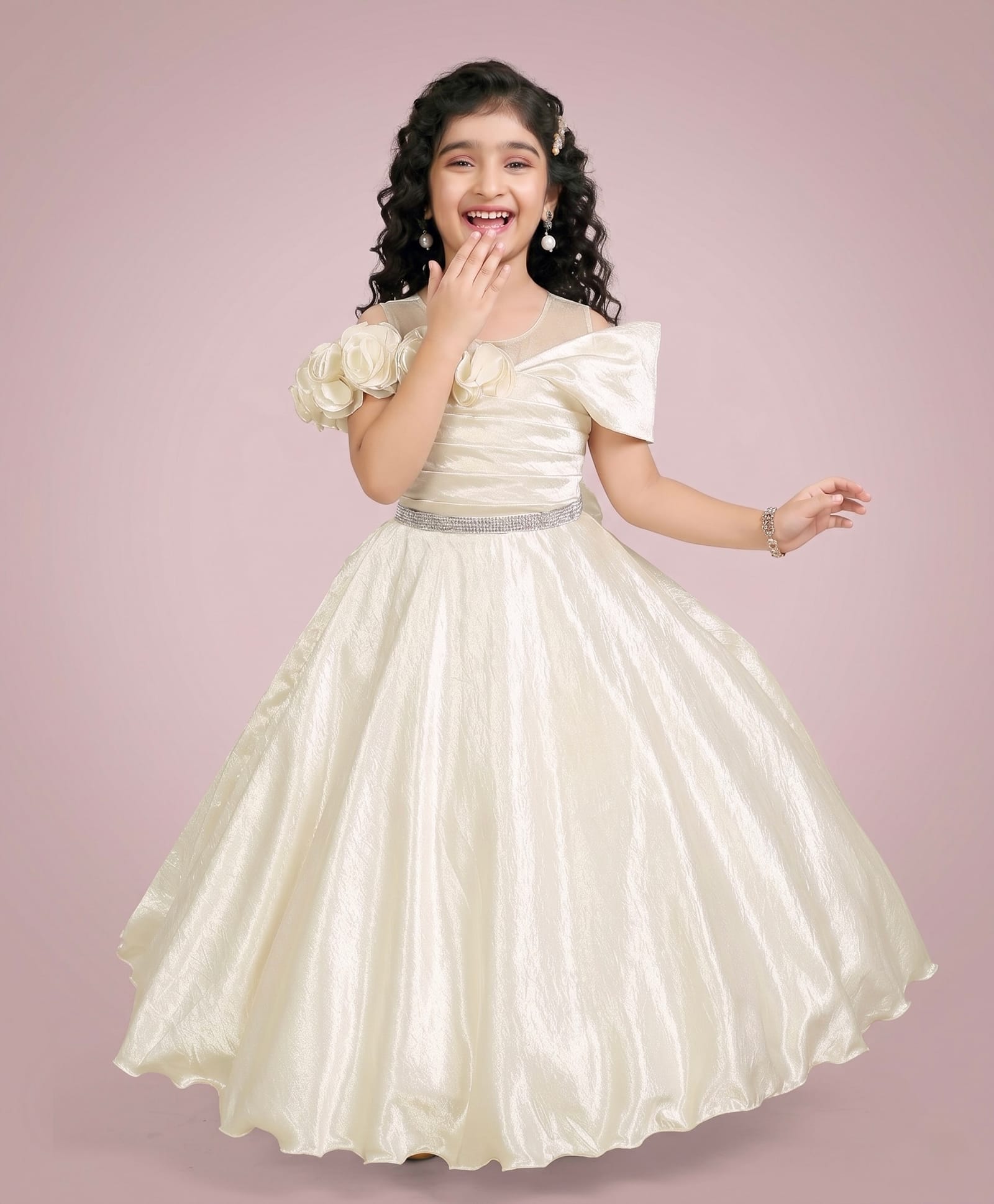 smile baby NX Satin Woven Cold Shoulder Floral Applique Detailed & Stones Embellished Gown - Cream-image-4