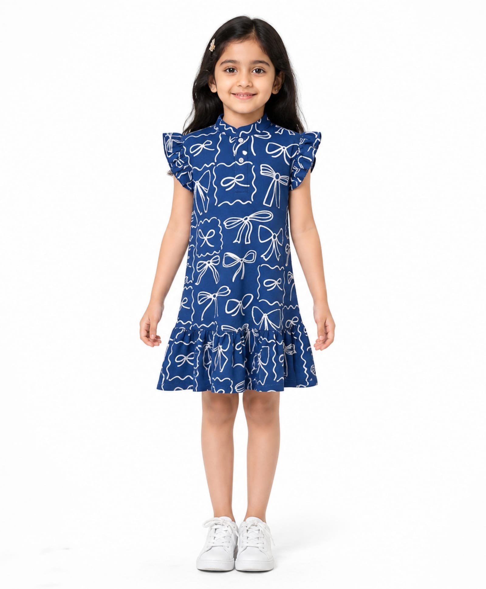 Anthrilo Cotton Knit Cap Sleeves Frill Detailed & Bows Printed Dress - Blue-picture-21