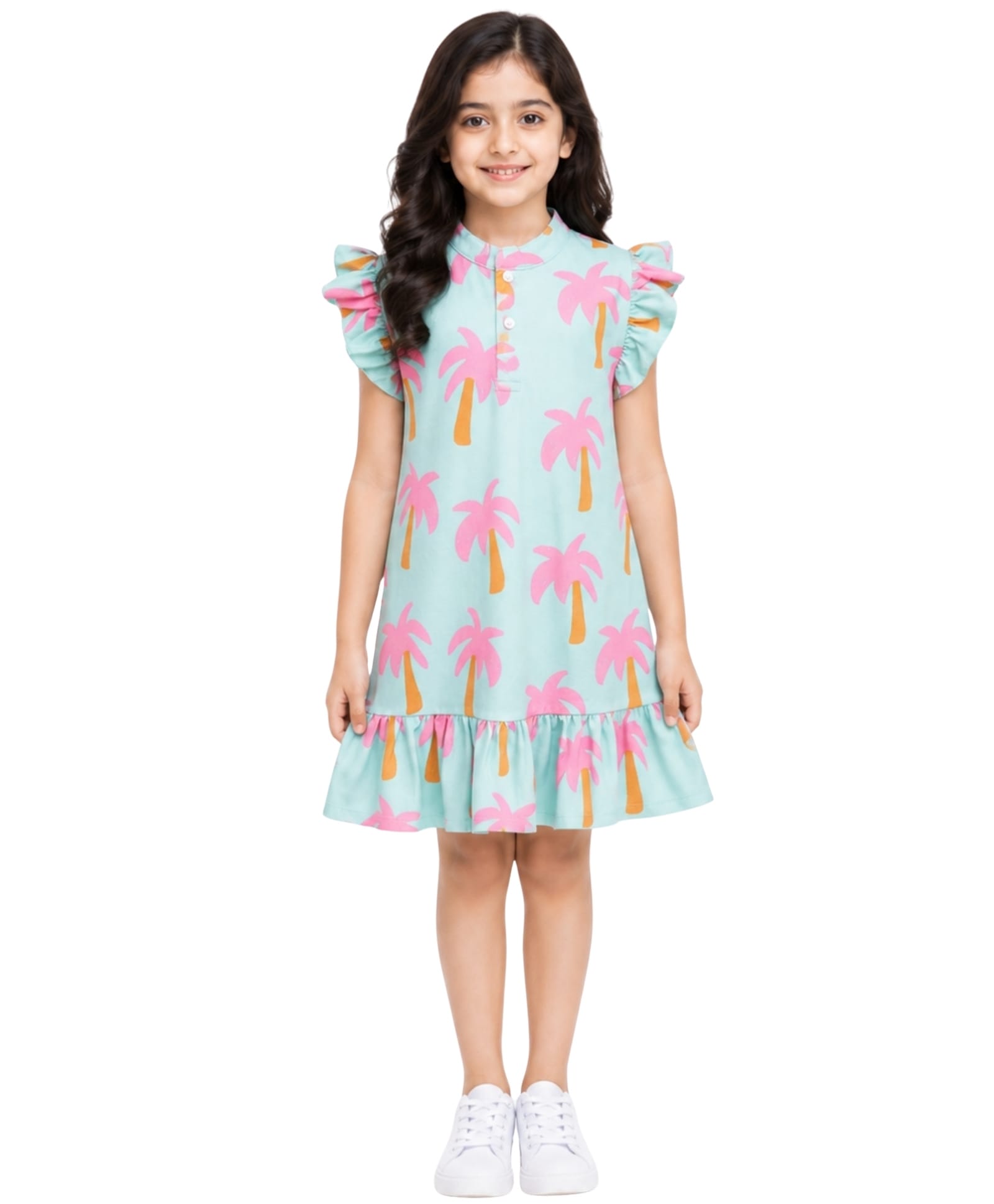Anthrilo Cotton Knit Cap Sleeves Frill Detailed & Palm Trees Printed Dress - Aqua Blue-picture-42