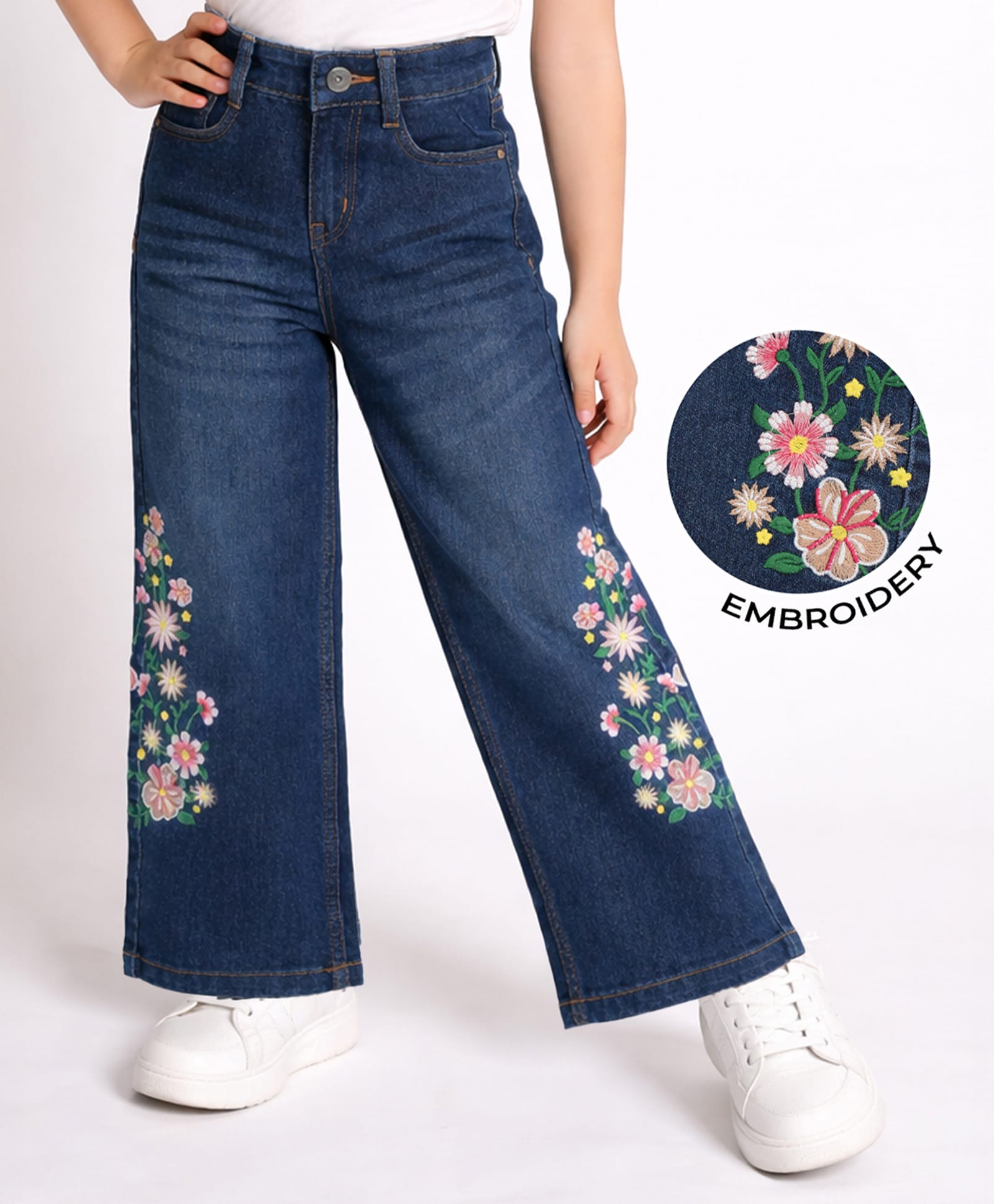 PURPLE UNITED KIDS Denim Woven Floral Embroidered & Mild Washed Jeans - Dark Blue-picture-11