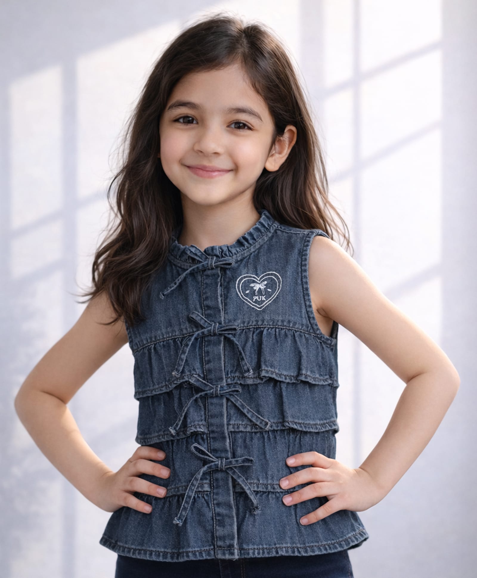 purple united kids UNITED KIDS Denim Woven Sleeveless Heart Embroidered Knot & Frill Detailed Top - Mid Blue-picture-18