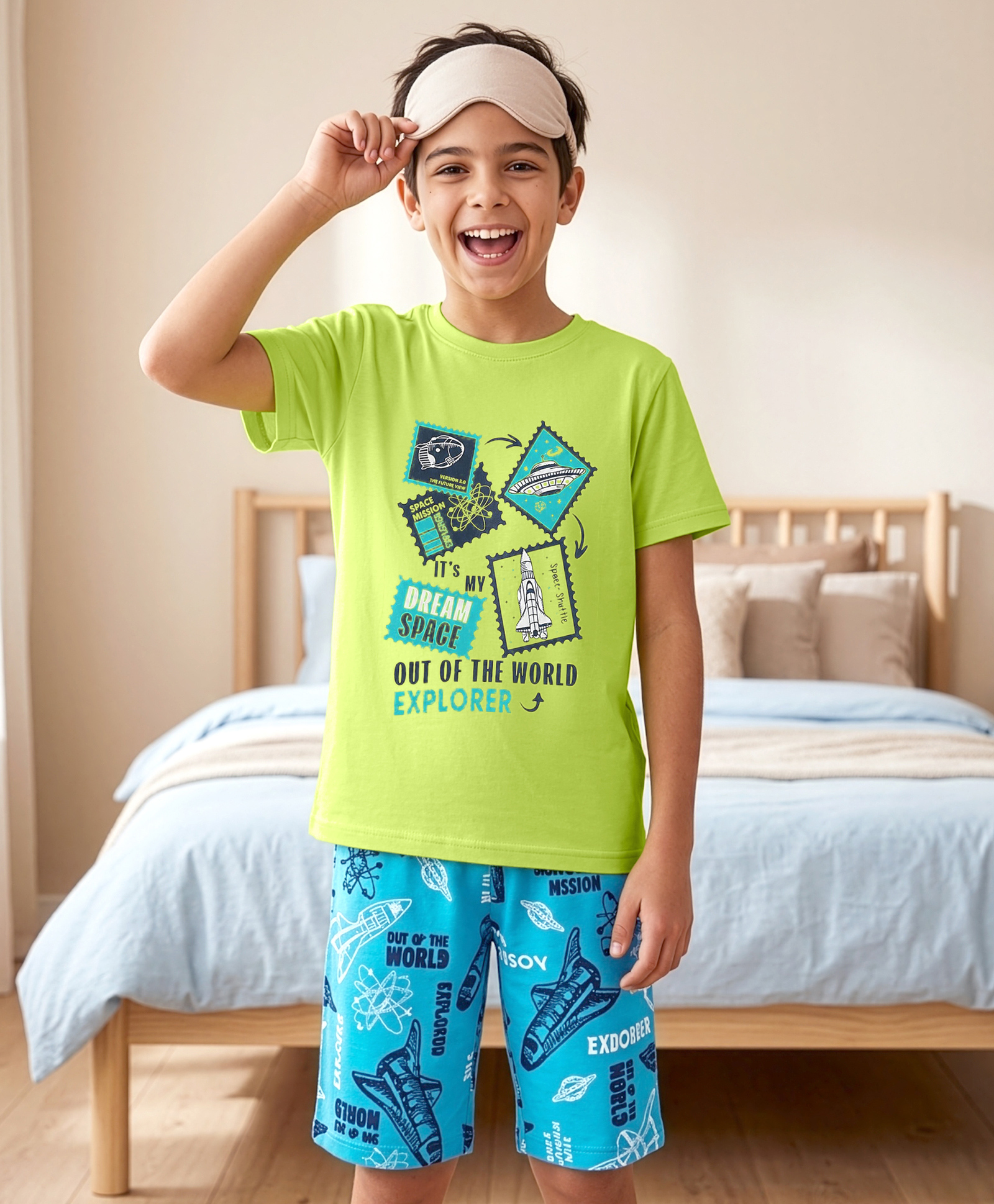 Pine Kids Cotton Knit Half Sleeves T-Shirt & Shorts Night Suit With Space Theme - Limegreen & Blue-image-27