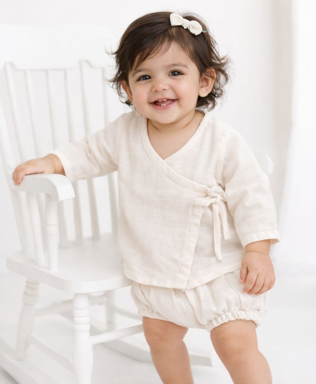 Halemons Muslin Woven Full Sleeves Solid Jhabla & Bloomer Set - Off White-image-18