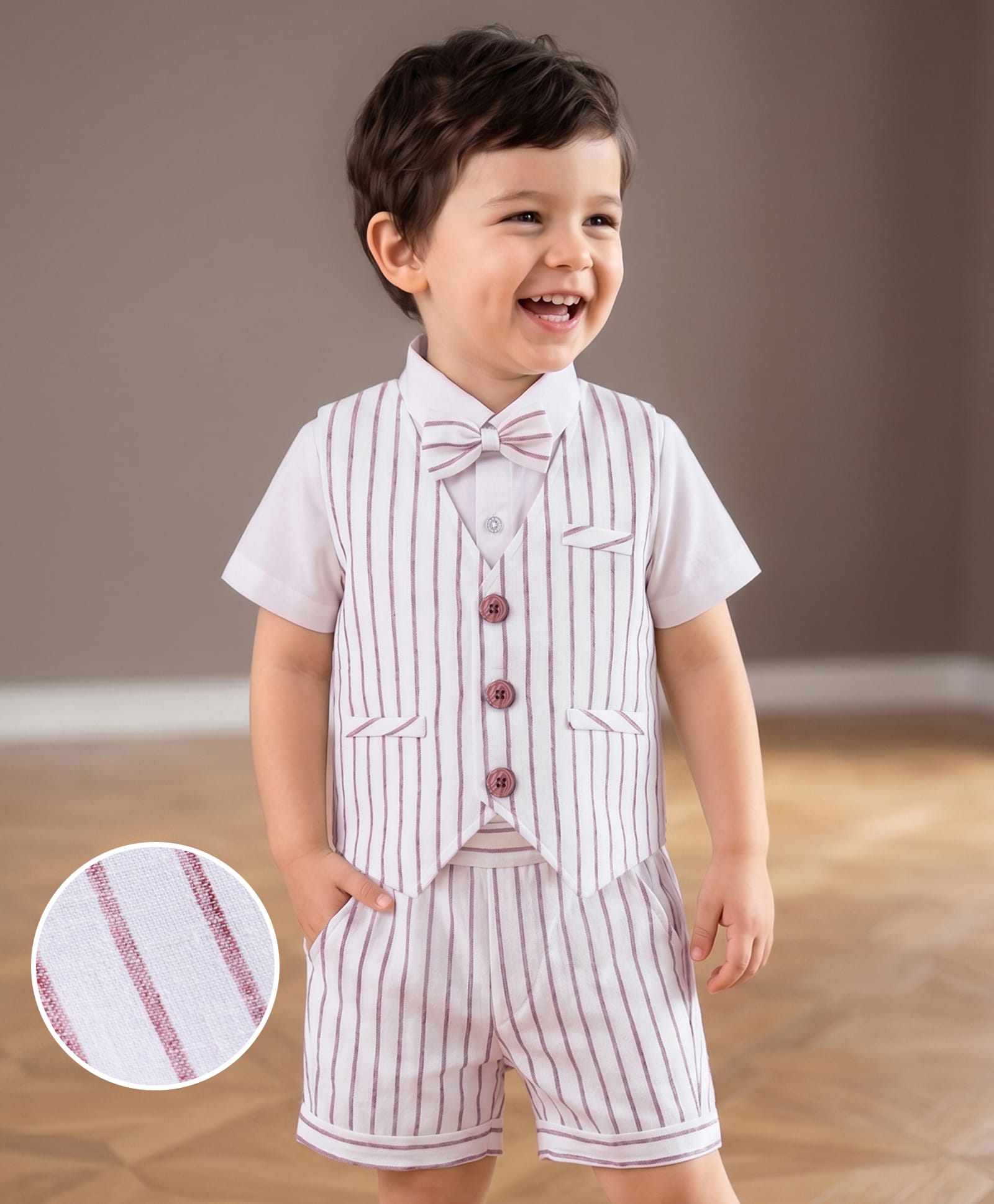 Mark & Mia Cotton Blend Woven Half Sleeves Striped 3 Piece Waist Coat Party Suit With Bow - Multicolor-image-21