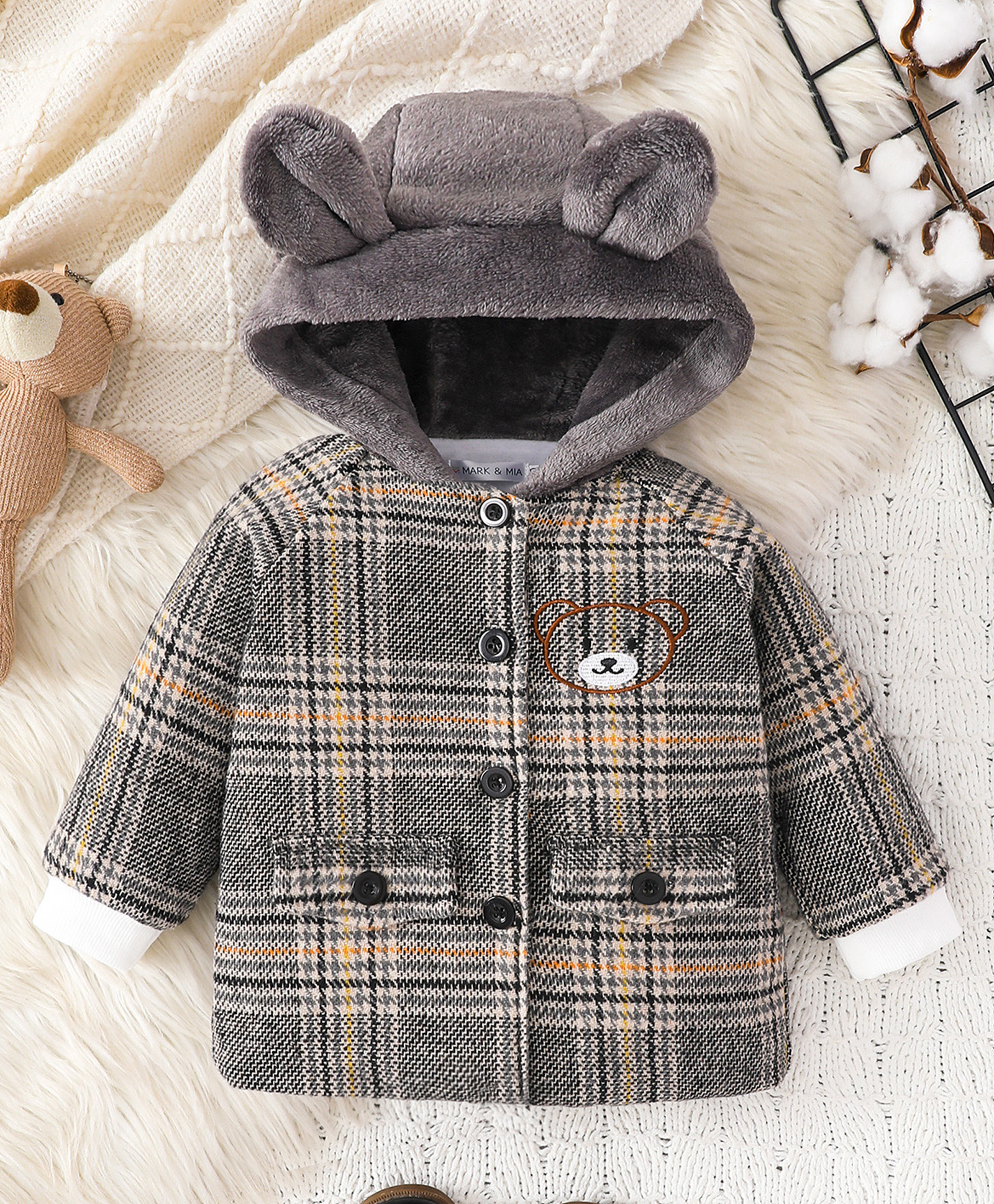 Mark & Mia Full Raglan Sleeves Hooded Checkered Jacket with Bear Design -Light Grey-picture-10