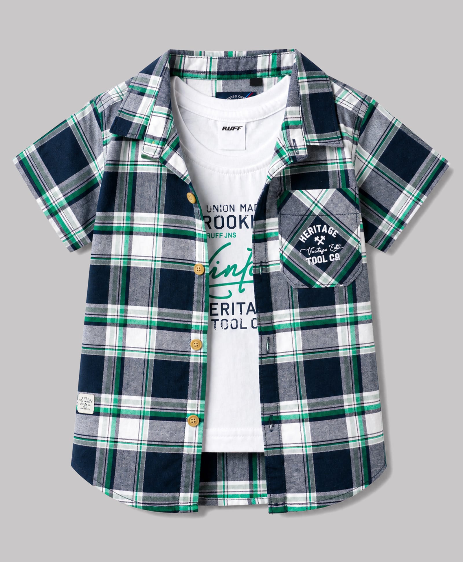 Ruff Cotton Woven Shirt with Tees Checks Half Sleeves Navy Blue 8-9 Years-image-11
