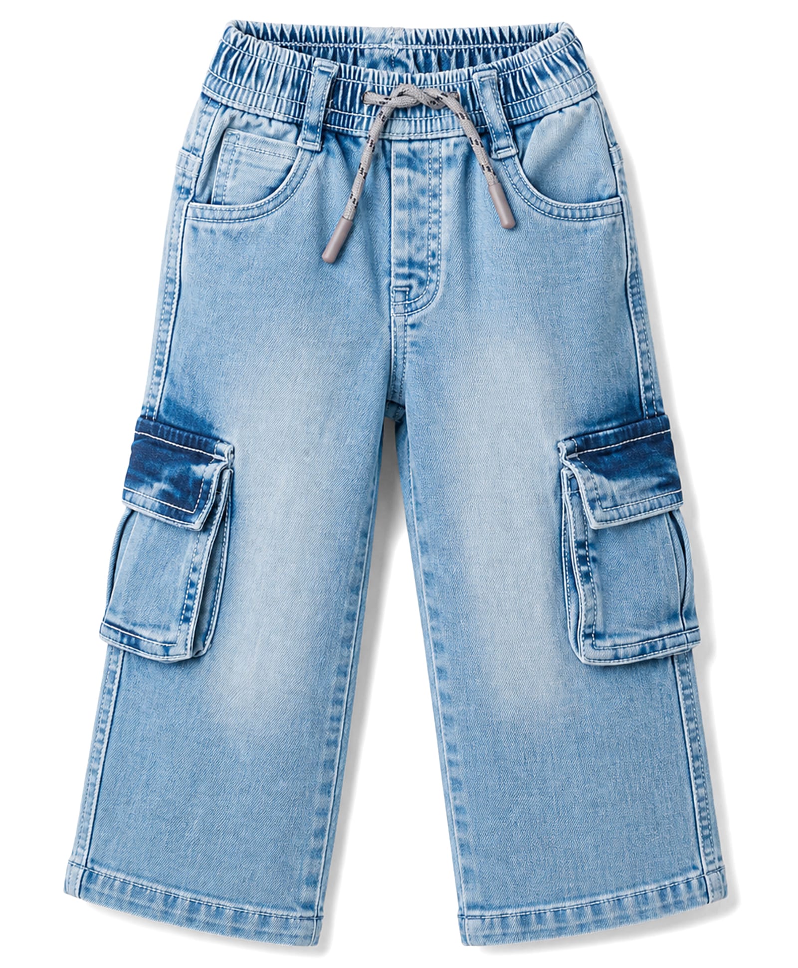 Ruff Full Length Washed Denim Cargo Jeans - Light Blue-image-8