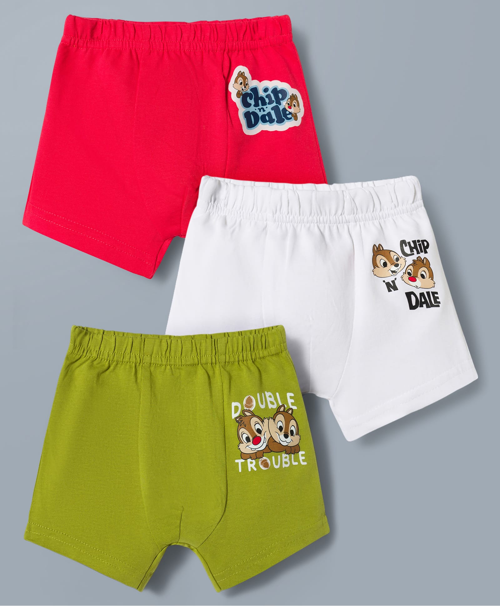Babyhug Disney Single Jersey Knit Trunks with Chip N Dale Graphics Pack of 3 - Red Green & White-image-23