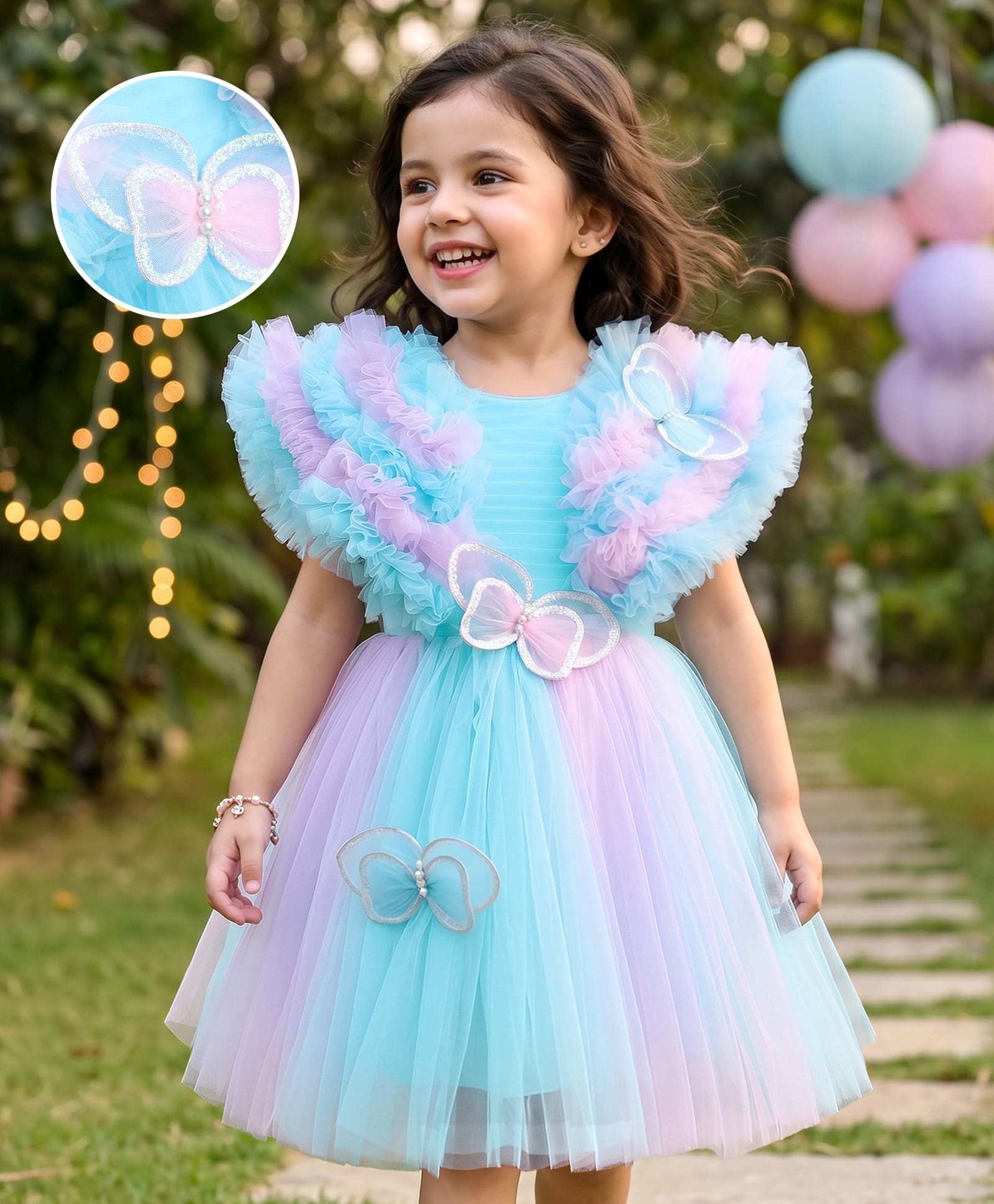 Mark & Mia Woven Ruffle Sleeves Party Dress With Butterfly Applique - Light Blue-image-10