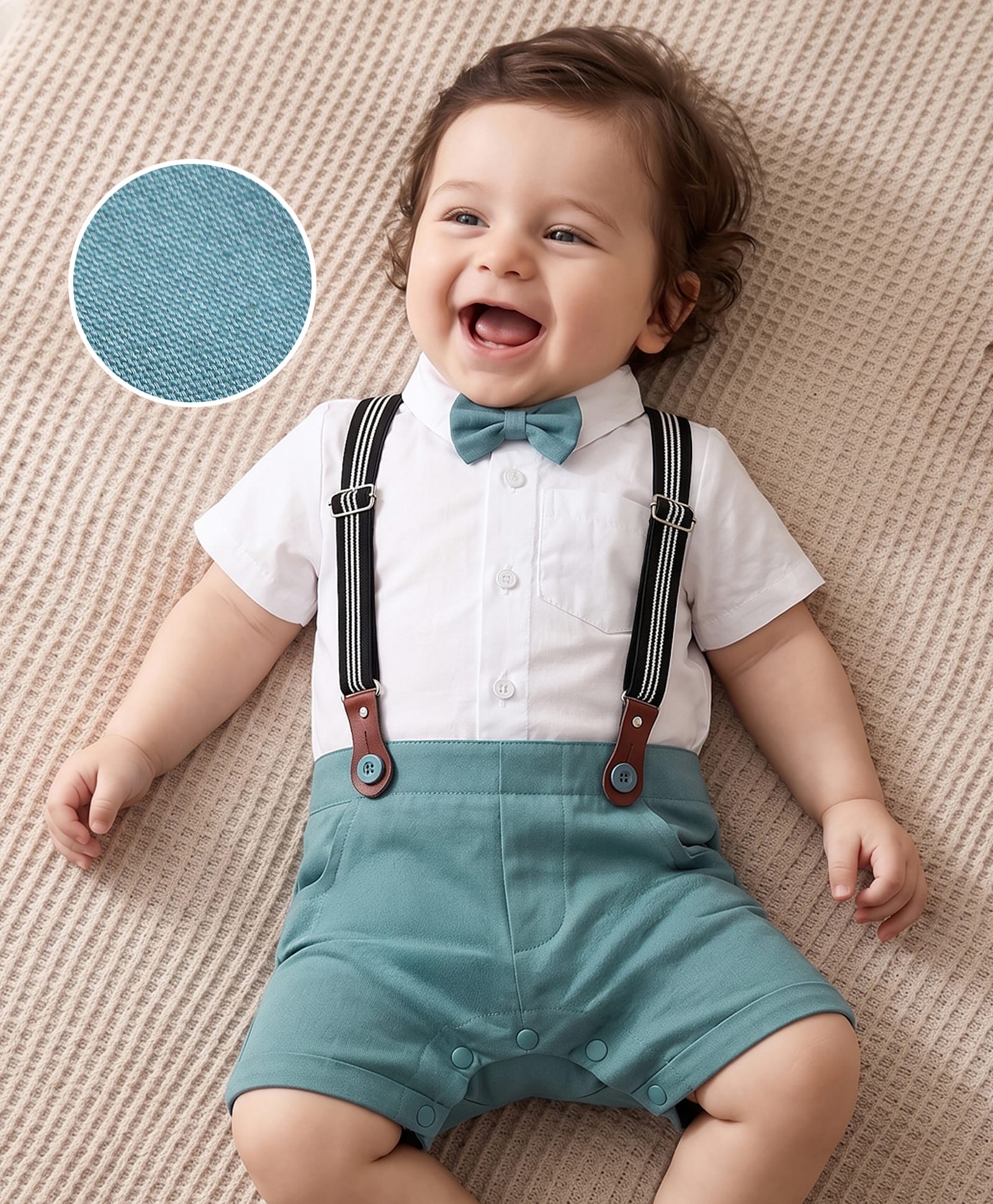 Mark & Mia Woven Half Sleeves Solid Party Romper With Suspender & Bow - Multicolor-image-43