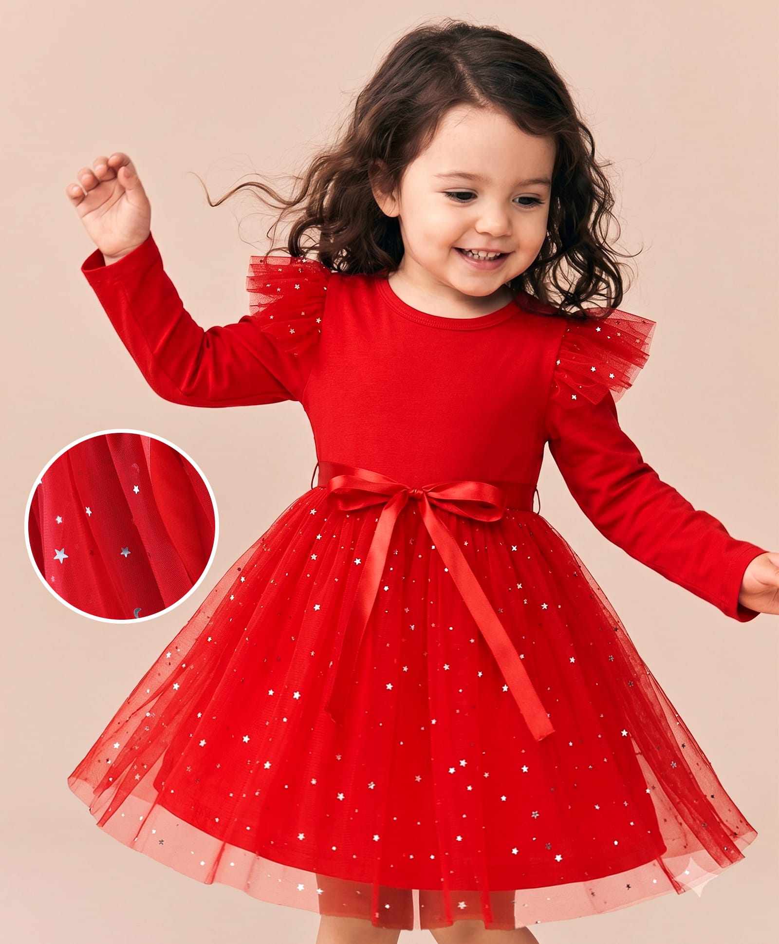 Mark & Mia Woven Full Sleeves Dress with Glitter Star Print - Red-picture-21
