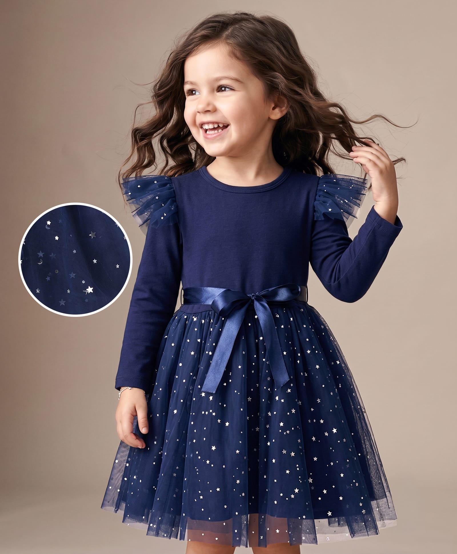 Mark & Mia Woven Full Sleeves Dress with Glitter Star Print - Navy Blue-picture-31