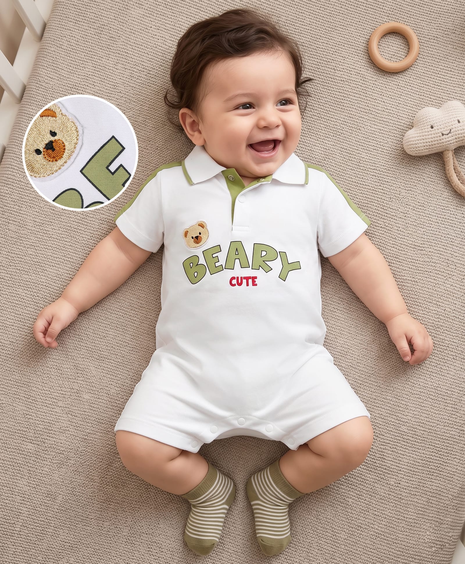 Mark & Mia Cotton Knit Half Sleeves Romper With Text Print & Bear Applique - Multicolor-image-31