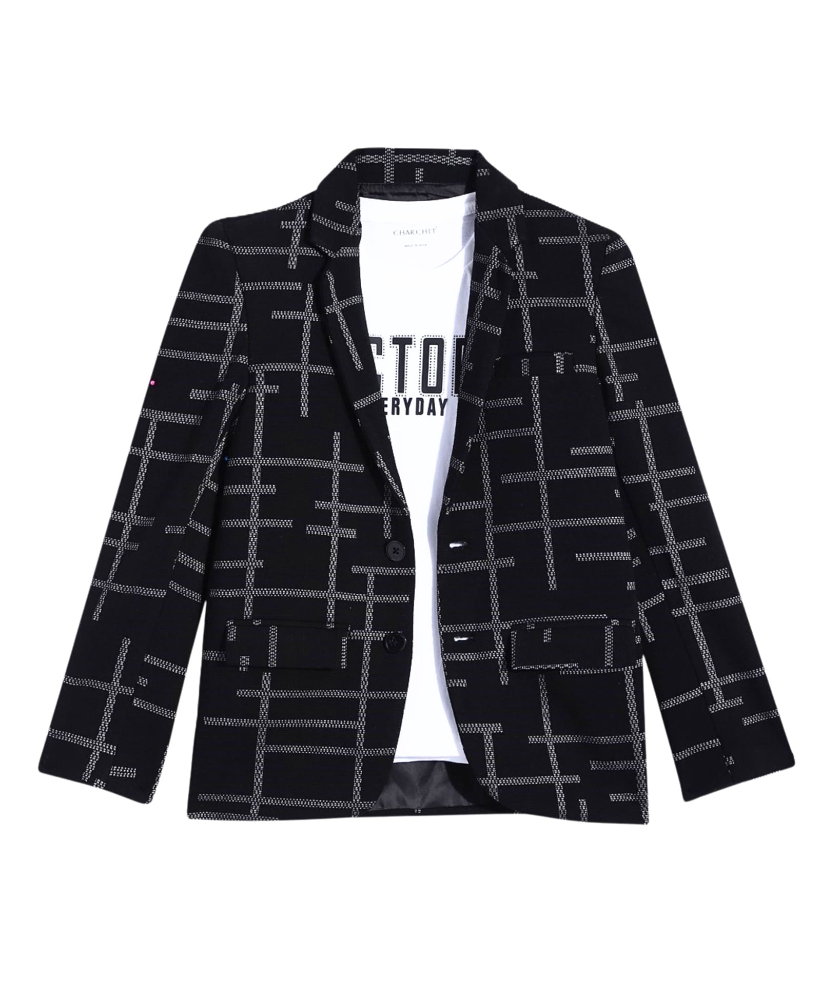 Charchit Cotton Blend Woven Full Sleeves Abstract Printed Blazer With Tee - Black-image-49