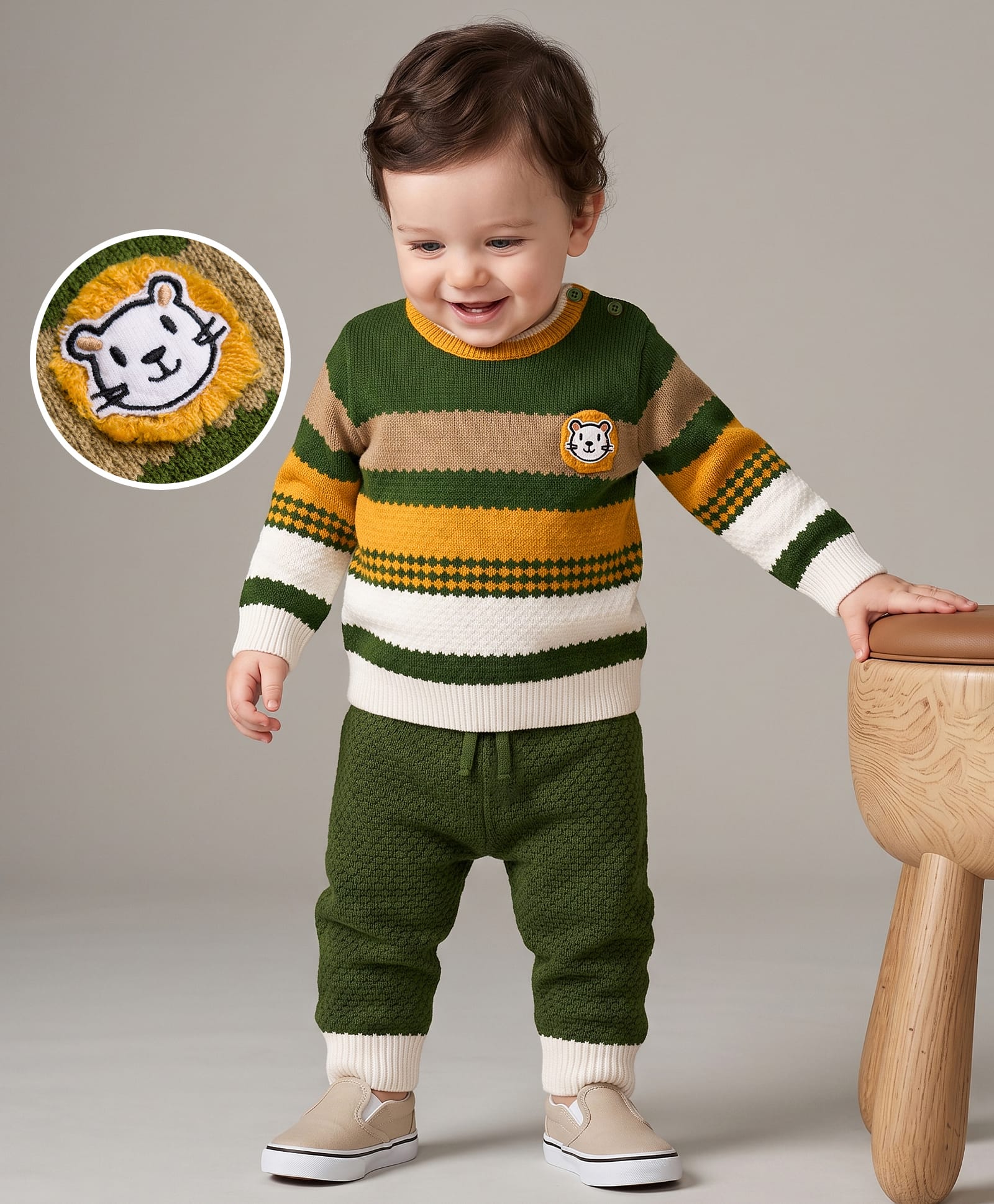 Babyoye Knit Baby Sweater Set with Stripes Design & Cat Patch - Beige-picture-11