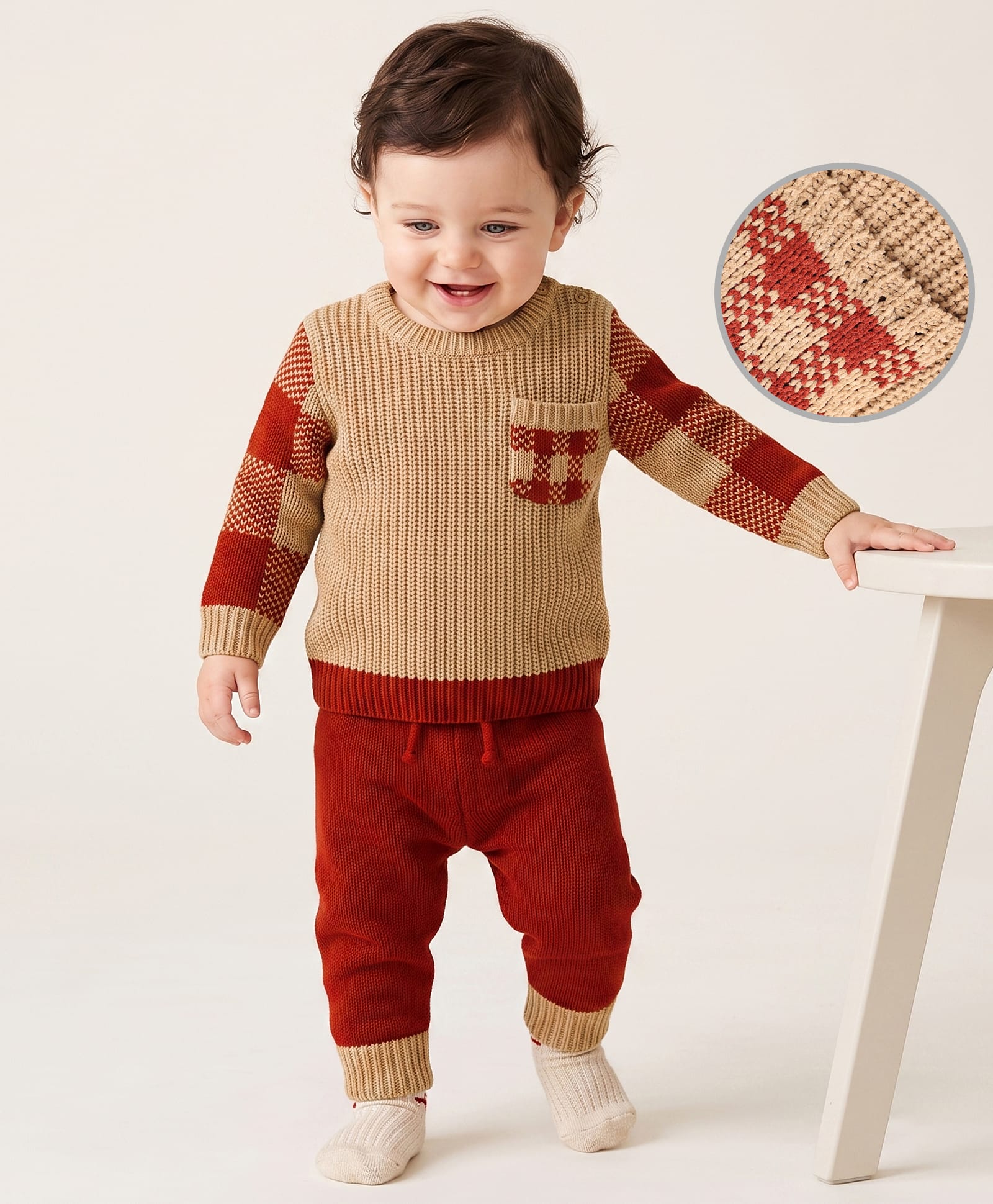 Babyoye Knit Chenille Yarn Baby Sweater set with Checks Design - Off White-picture-19