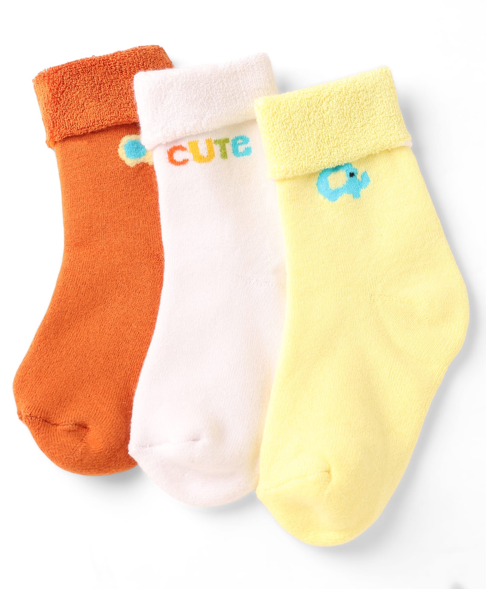 Cute Walk by Babyhug Terry Knit Anti Bacterial Ankle Length Elephant Design Socks Pack of 3 - Orange, Yellow & Peach-image-20