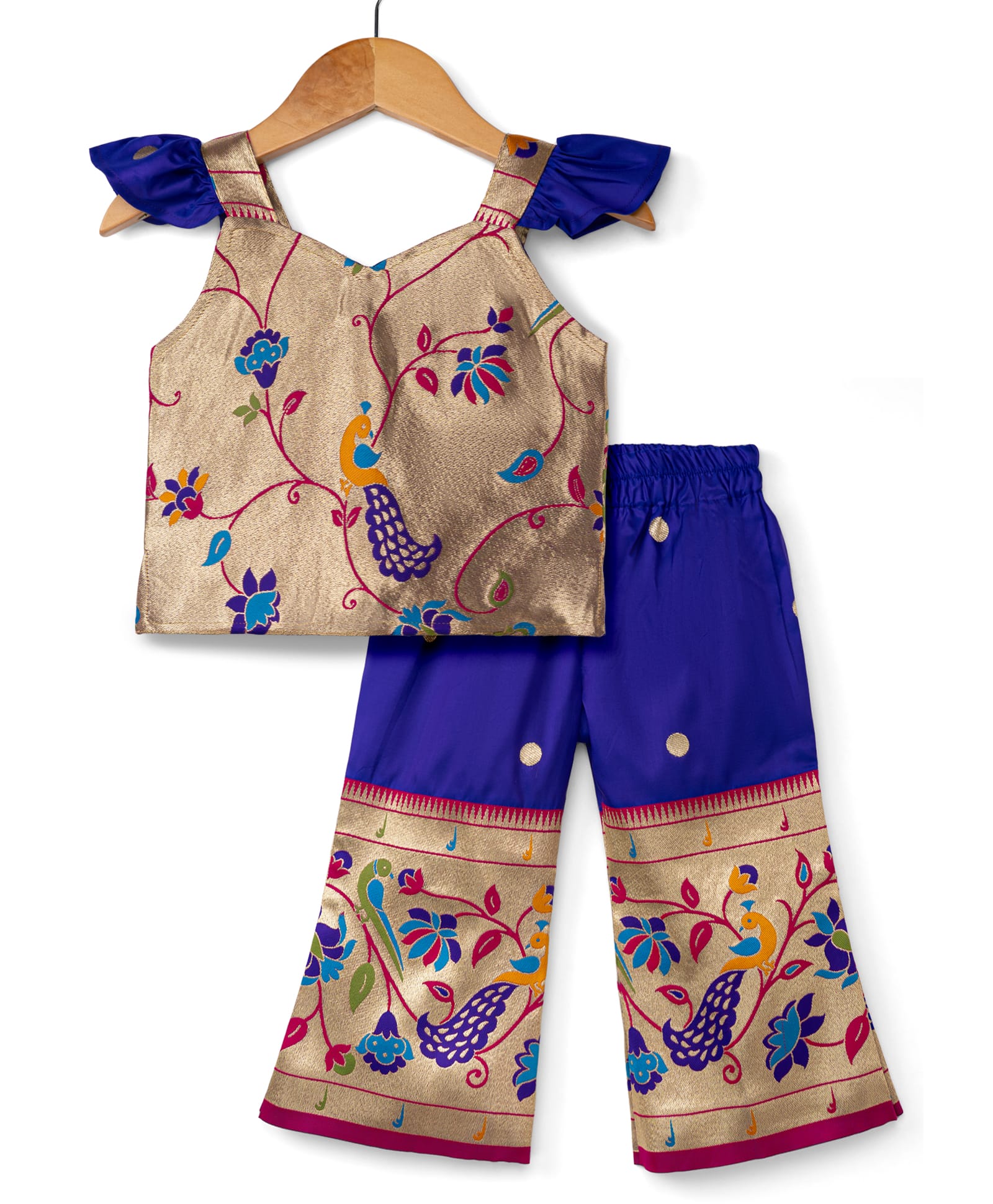Bhartiya Paridhan Silk Woven Sleeveless Indo Western Top & Palazzo Set with Birds & Floral Embroidery - Royal Blue-image-43