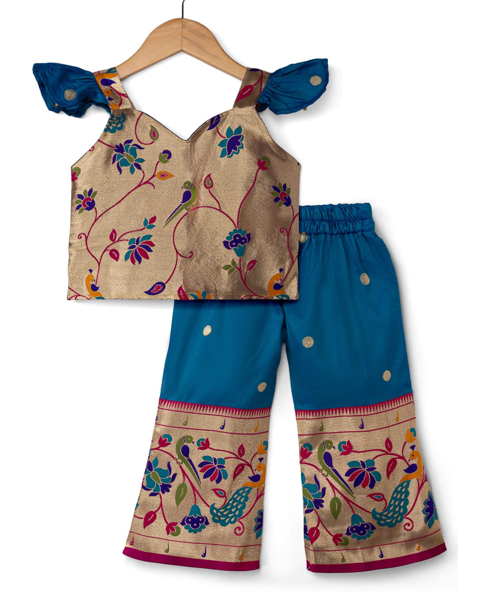 Bhartiya Paridhan Silk Woven Sleeveless Indo Western Top & Palazzo Set with Birds & Floral Embroidery - Teal Blue-image-49