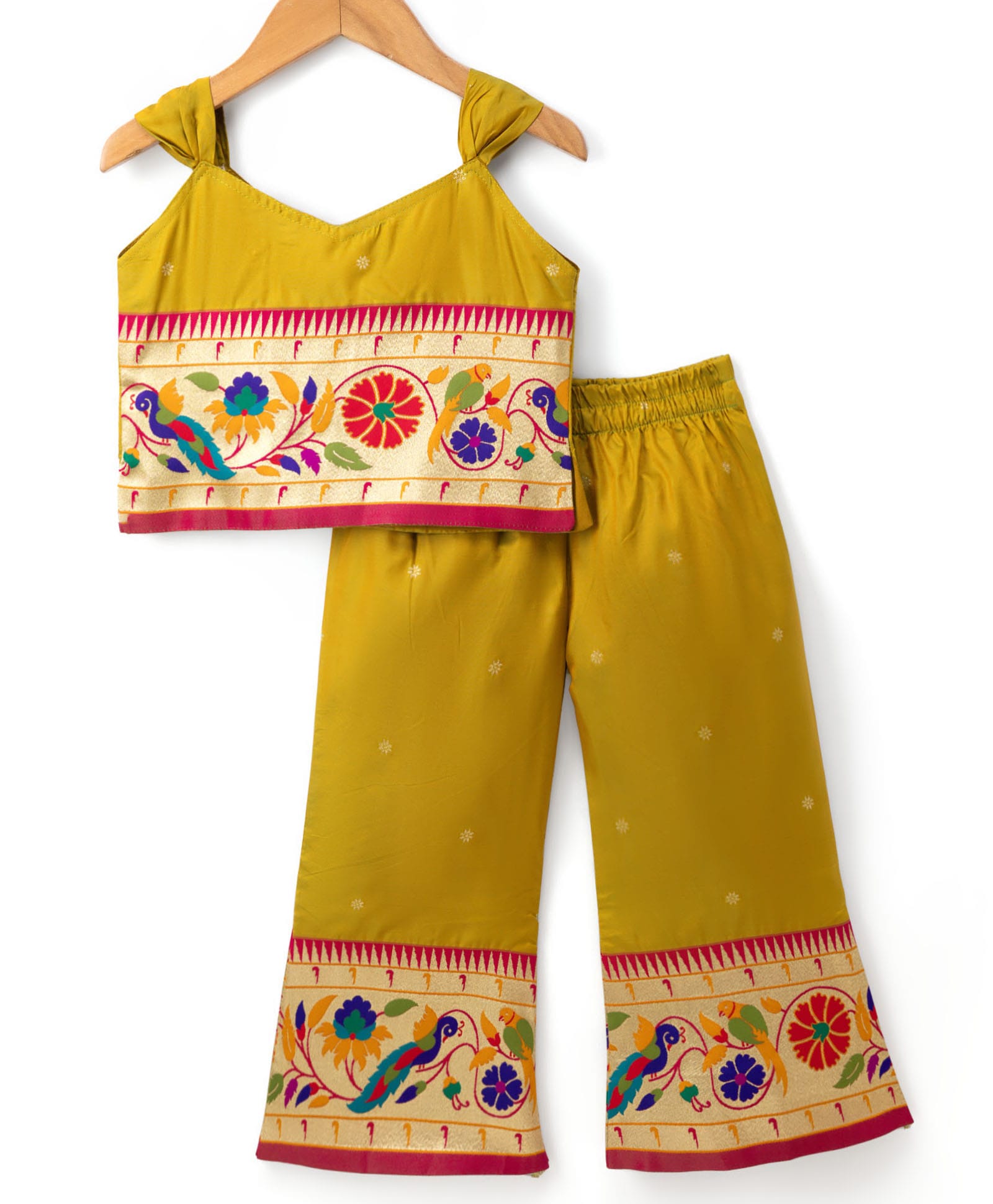 Bhartiya Paridhan Silk Woven Sleeveless Indo Western Top & Palazzo Set with Floral Embroidery - Dark Yellow-image-11