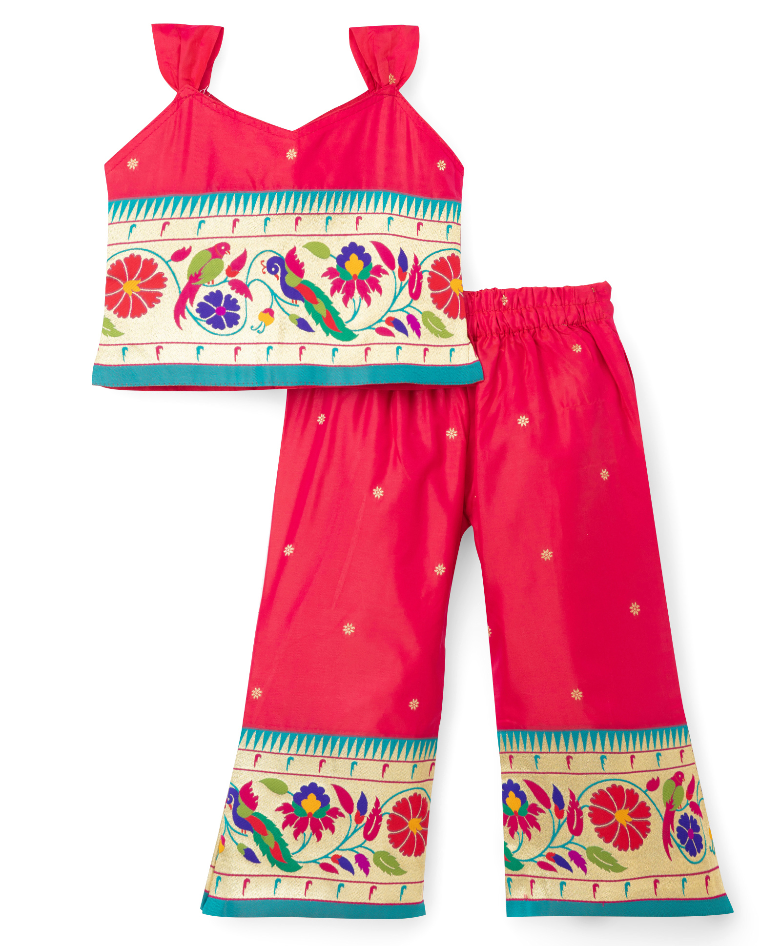 Bhartiya Paridhan Silk Woven Sleeveless Indo Western Top & Palazzo Set with Floral Embroidery - Dark Pink-image-10