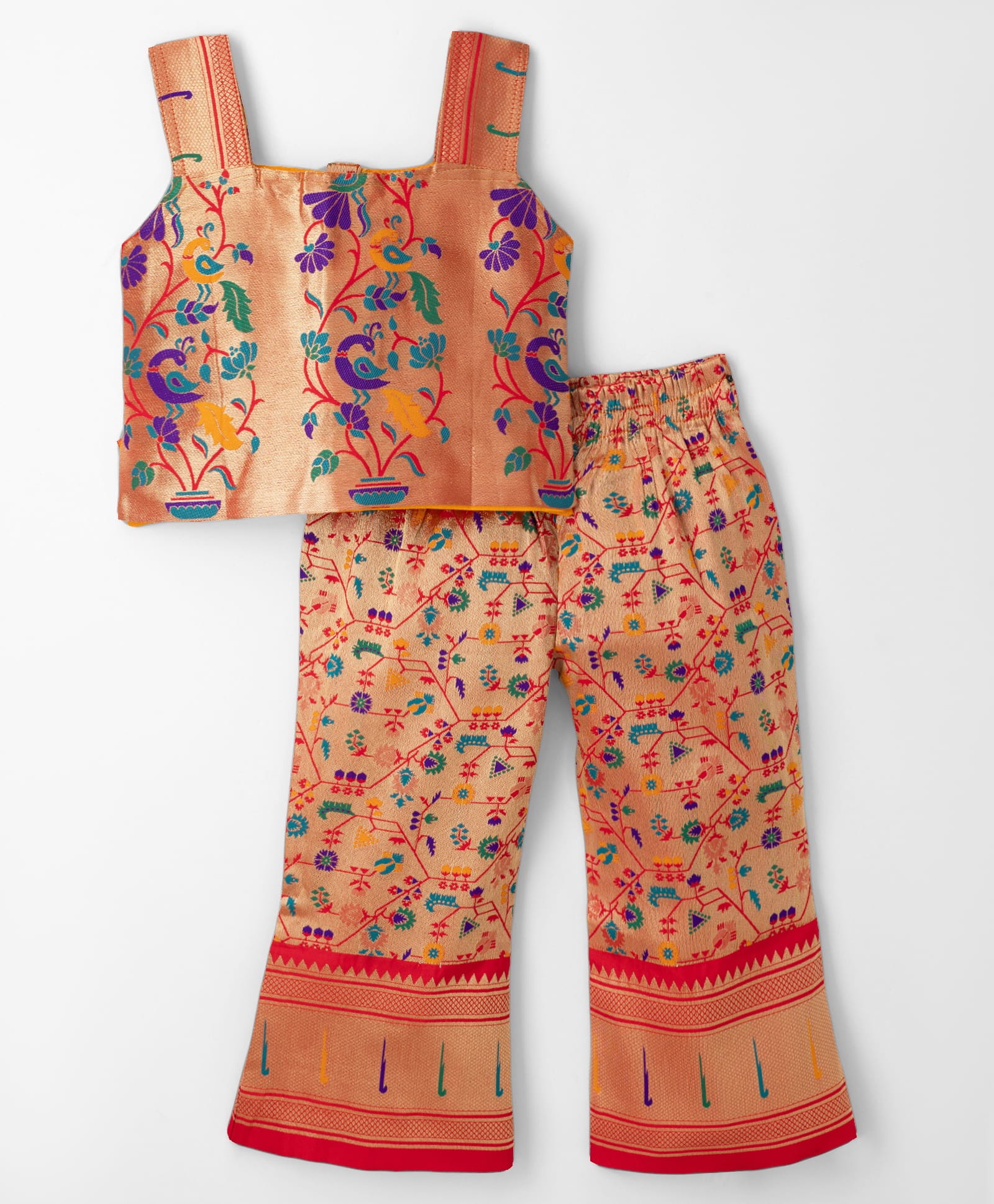 Bhartiya Paridhan Silk Woven Sleeveless Indo Western Top & Palazzo Set with Floral & Bird Embroidery - Red-image-9