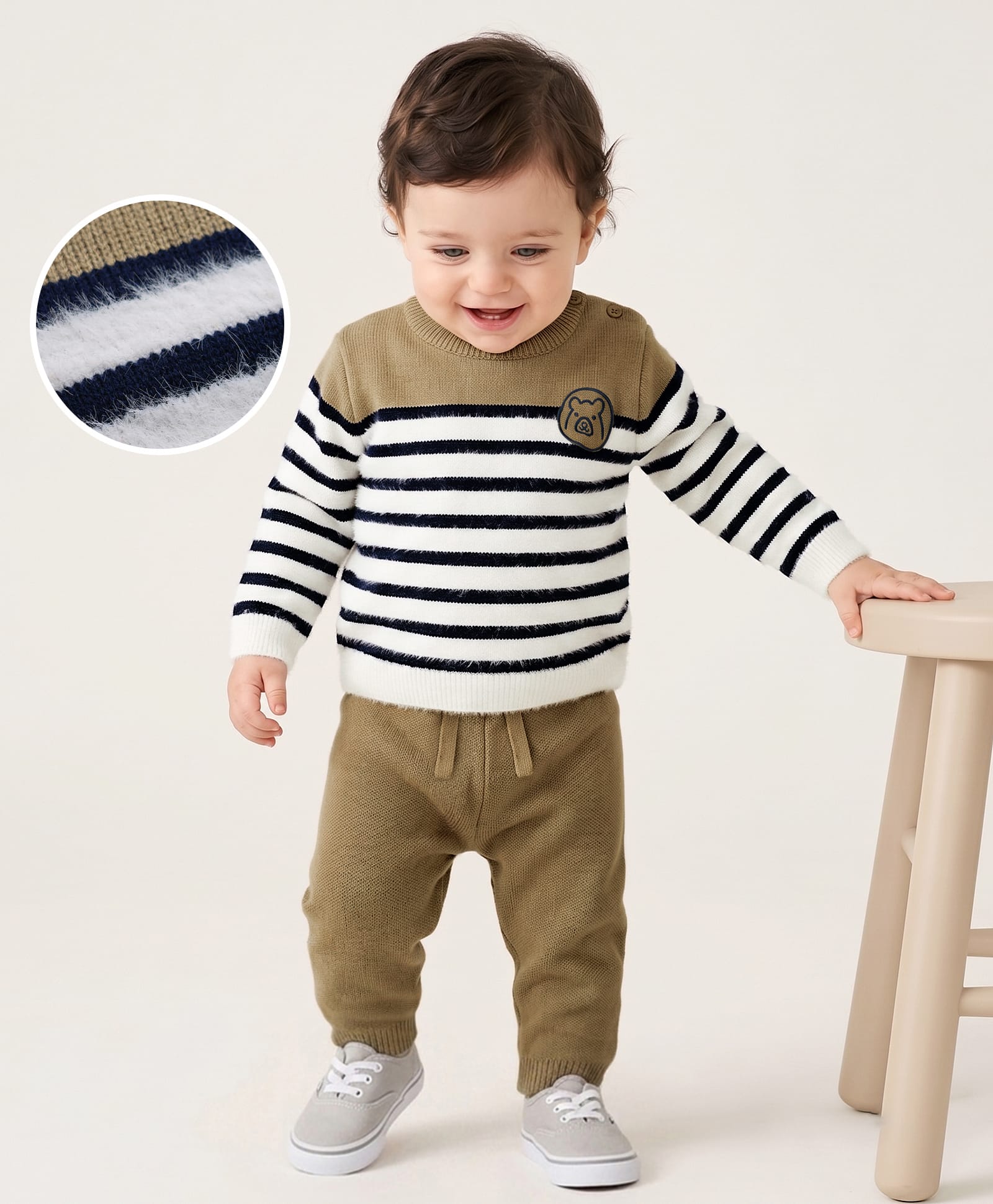 Babyoye Knit Baby Sweater Set with Stripes Design & Bear Patch - White-image-19