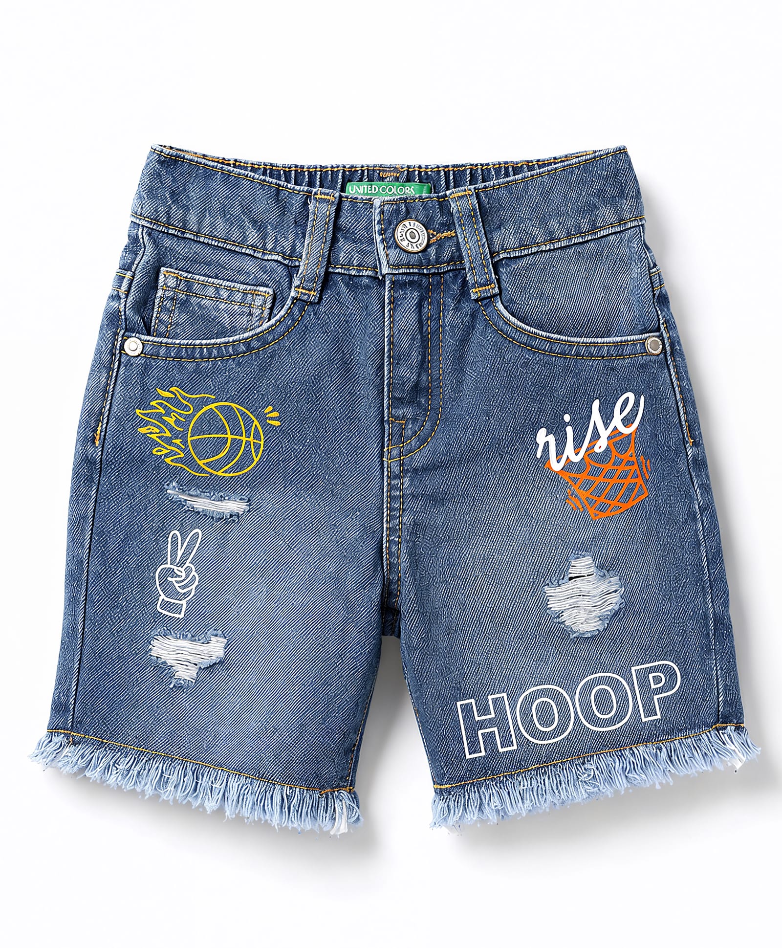 UCB Woven Knee Length Hoop Printed Distressed Shorts - Blue-picture-8