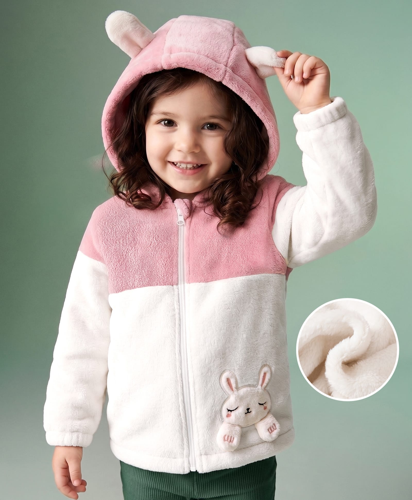 Mark & Mia Full Sleeves Fur Jacket with Bunny Applique - Pink & White-image-43