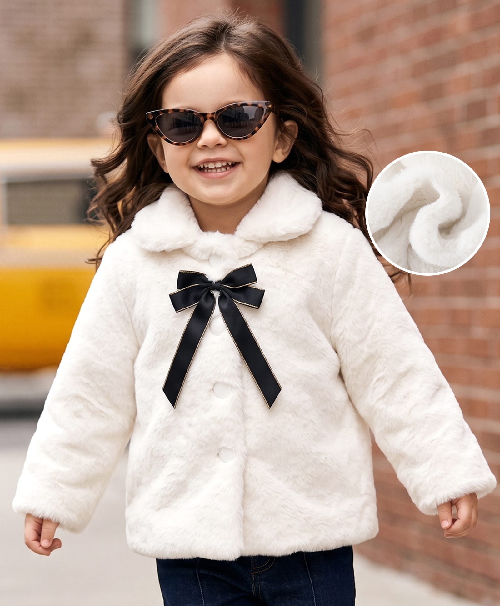 Mark & Mia Fur Jacket with Long Sleeves and Bow Detail in Cream for 4-5 Years-image-27