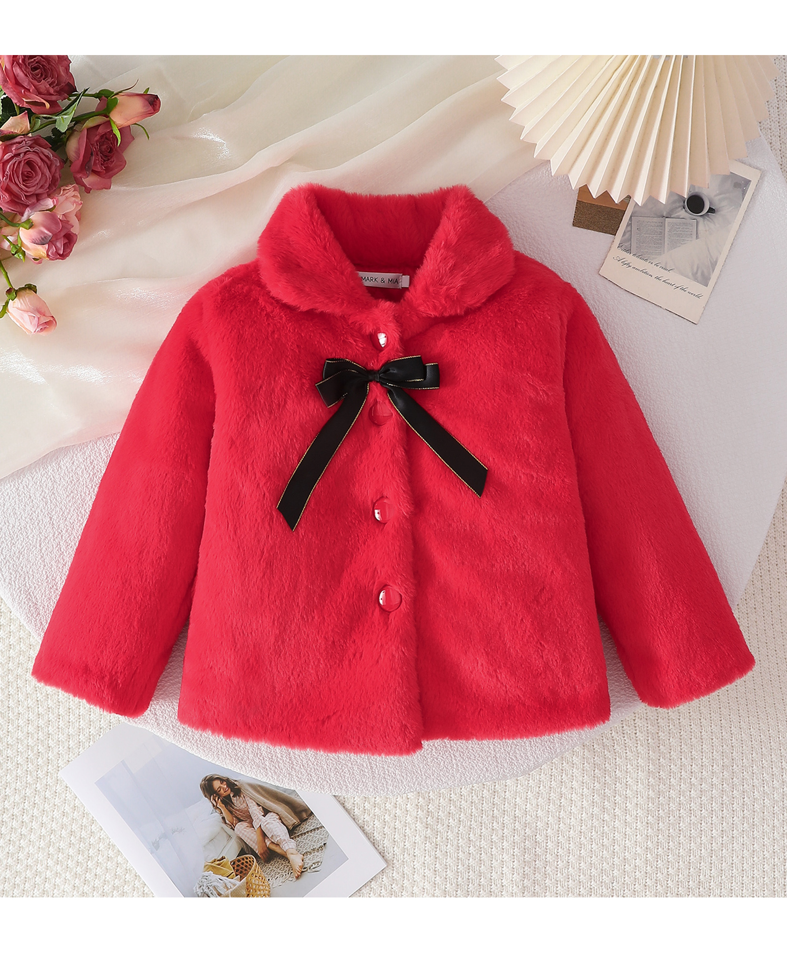 Mark & Mia Fur Jacket with Long Sleeves and Bow Detail in Red for 12-18 Months-image-31