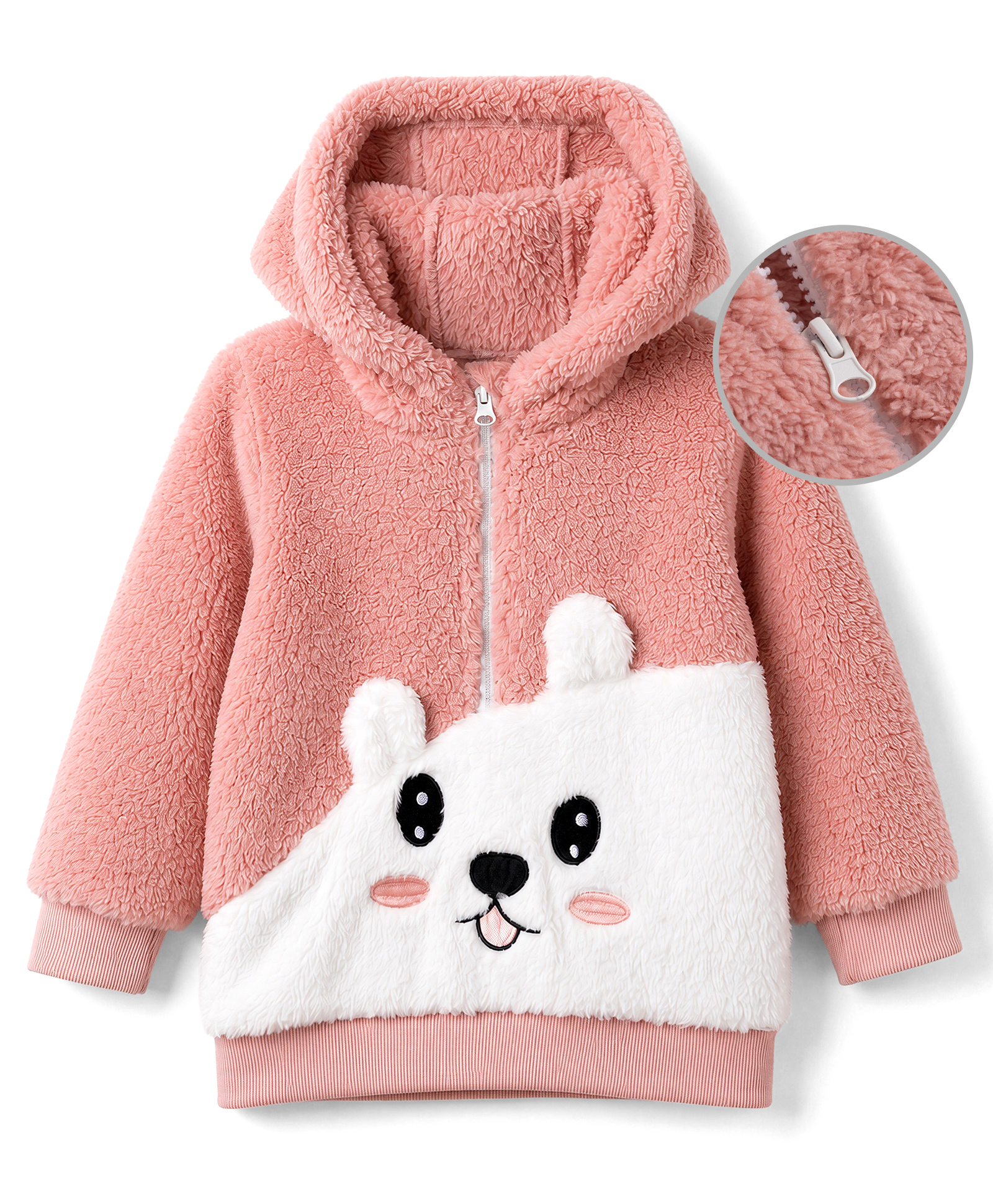 Mark & Mia Full Sleeves Hooded Furry Jacket with Bear Applique - Dark Peach-picture-24