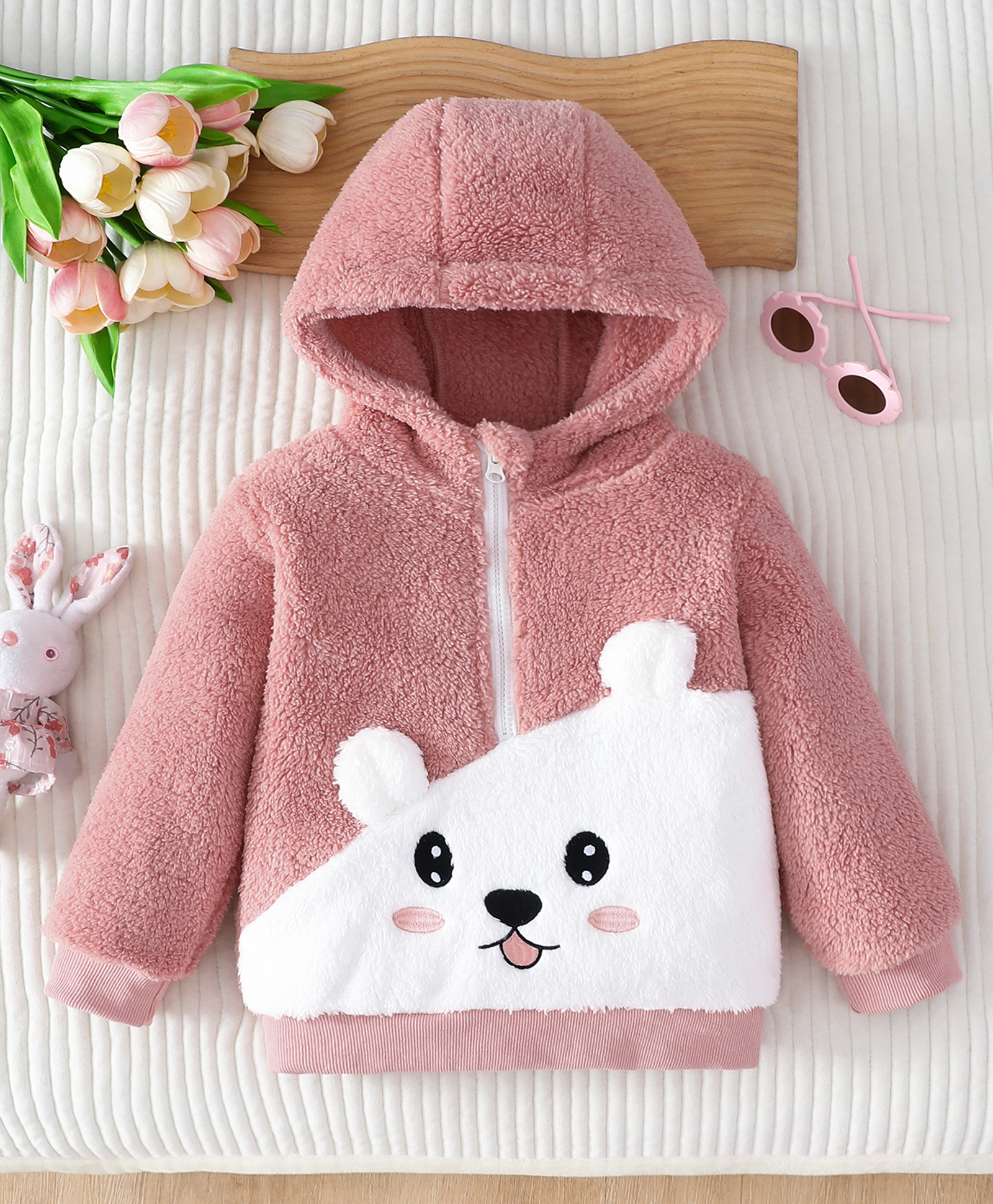 Mark & Mia Full Sleeves Hooded Furry Jacket with Bear Applique - Dark Peach-image-34