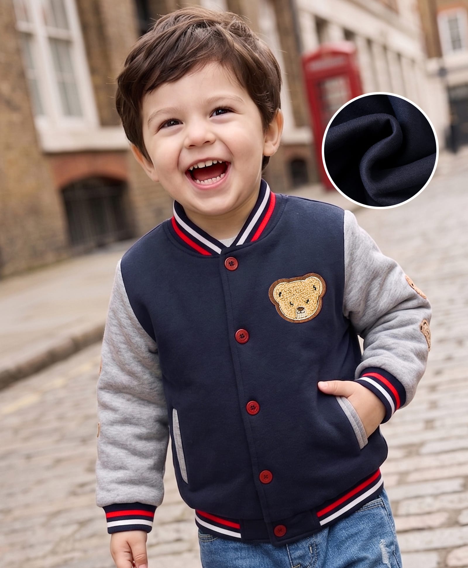 Mark & Mia BomberJacket with Full Sleeves and Bear Patch - Navy Blue-image-49