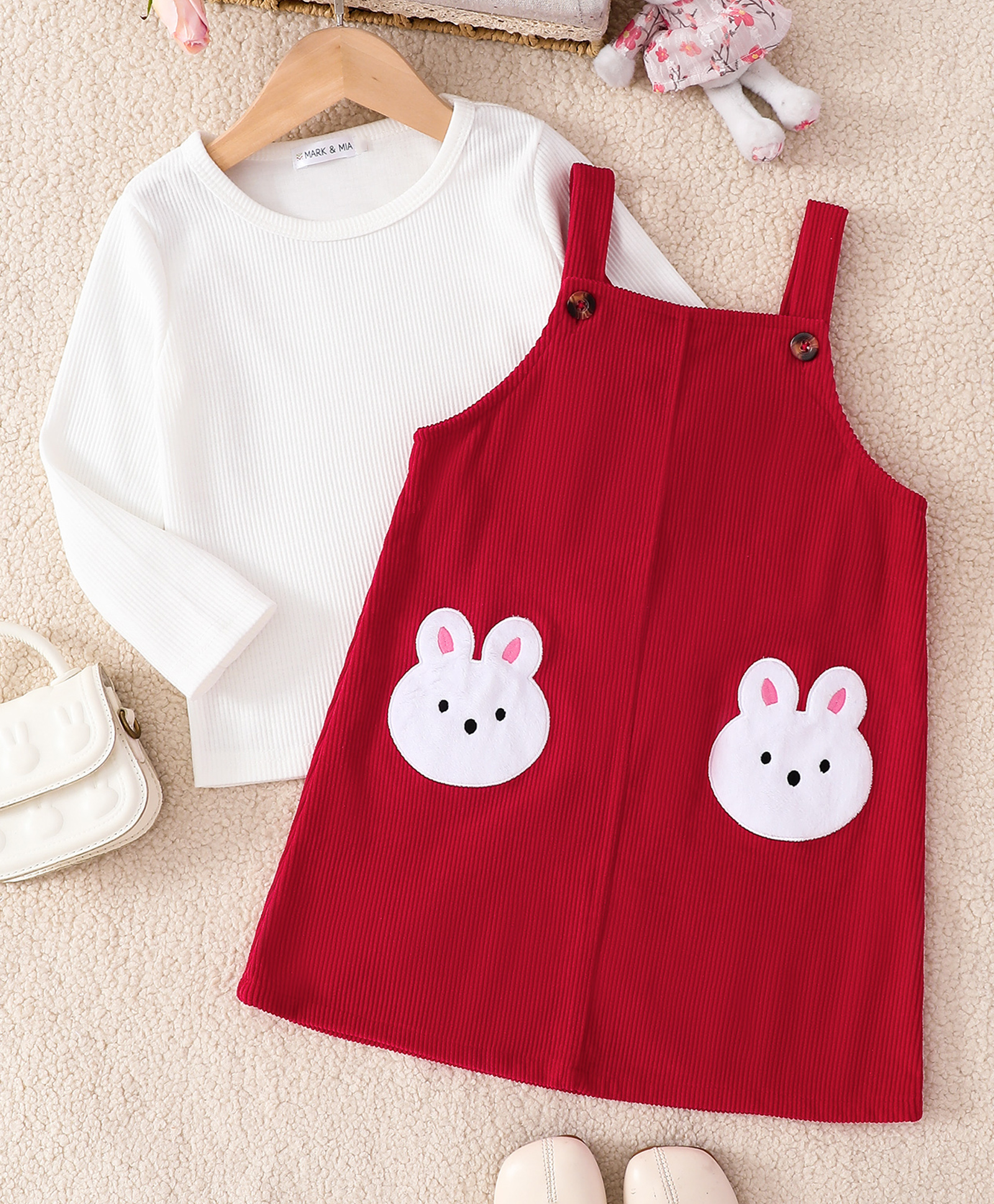 Mark & Mia Full Sleeves Winter Frocks With Bunny Patch & Inner Tee - Red-image-30