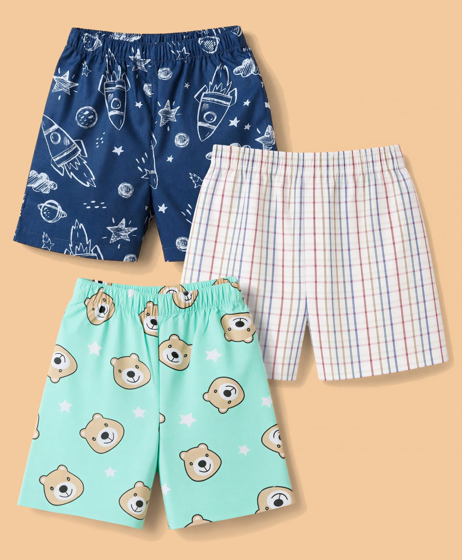 Babyhug Poplin Woven Above Knee Length Checkered Boxer with Bear & Space Theme Print Pack of 3 - Aqua & Navy-picture-37