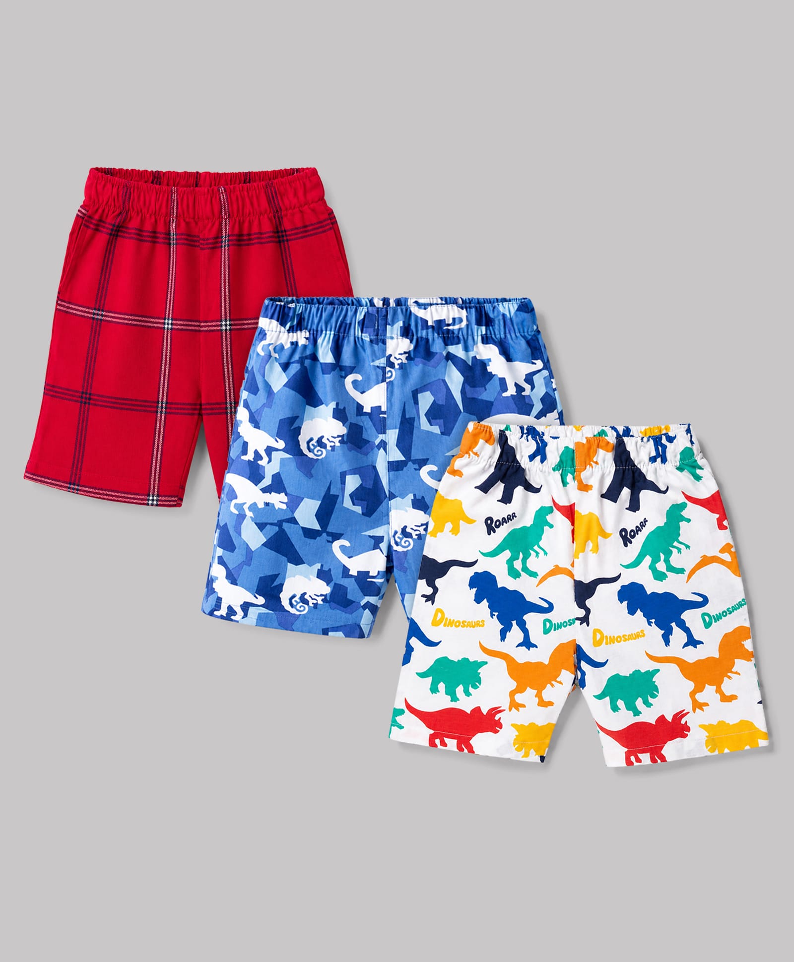 Babyhug Poplin Woven Above Knee Length Checkered & Dino Printed Boxers Pack of 3 - Red & Blue-image-22