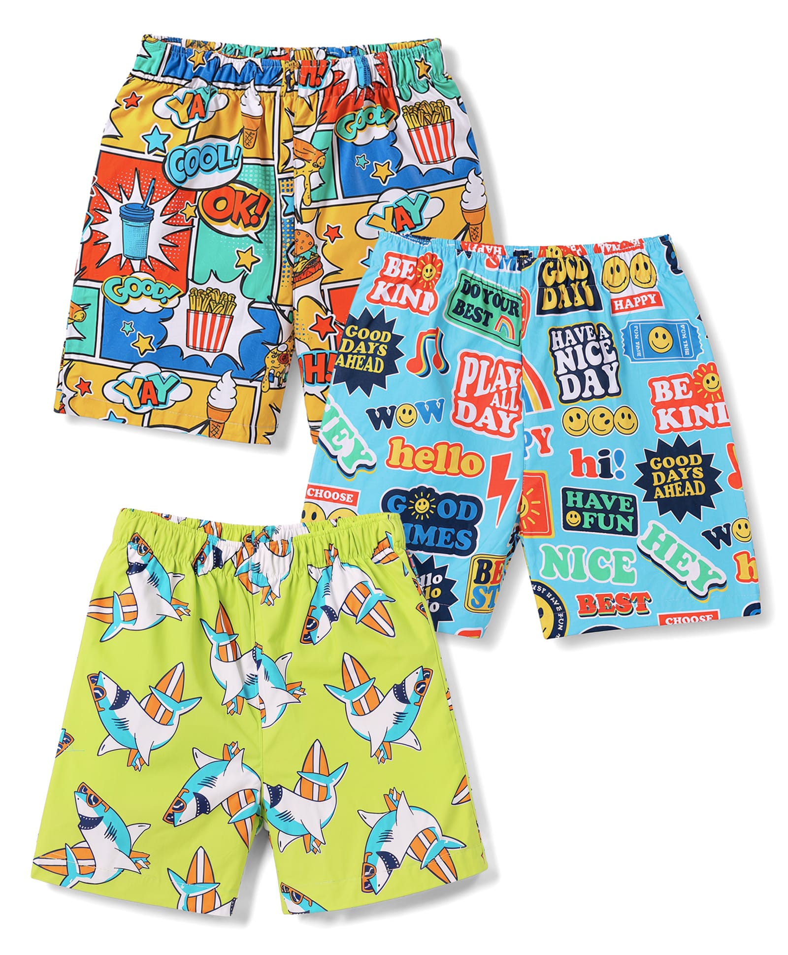 Babyhug Poplin Woven Above Knee Length Text & Sea Life Printed Boxers Pack Of 3 - Neon Green & Light Blue-image-4