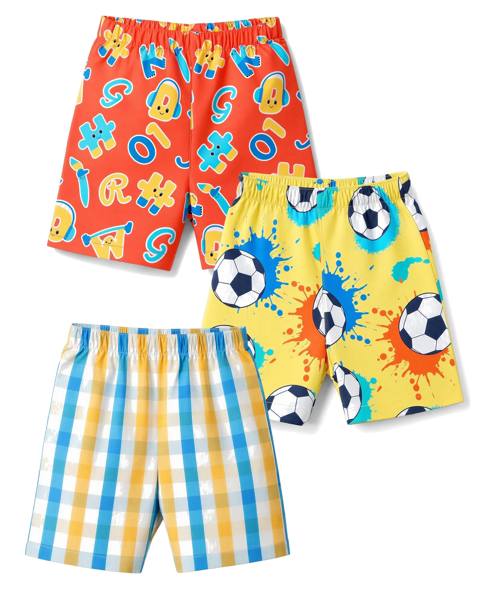 Babyhug Poplin Woven Above Knee Length Checkered Boxer with Text & Football Print Pack of 3 -Red & Yellow-picture-38