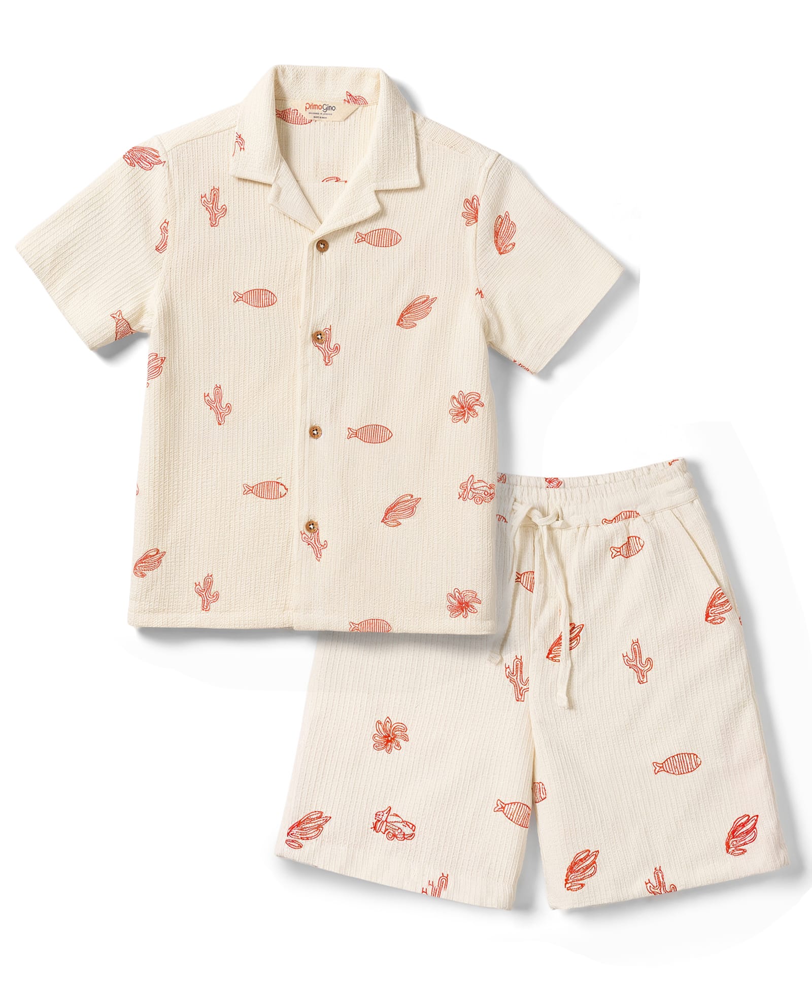 Primo Gino 100% Cotton Woven Half Sleeves Sea Life Printed Co-Ords Shirt & Shorts Set - OffWhite-picture-18