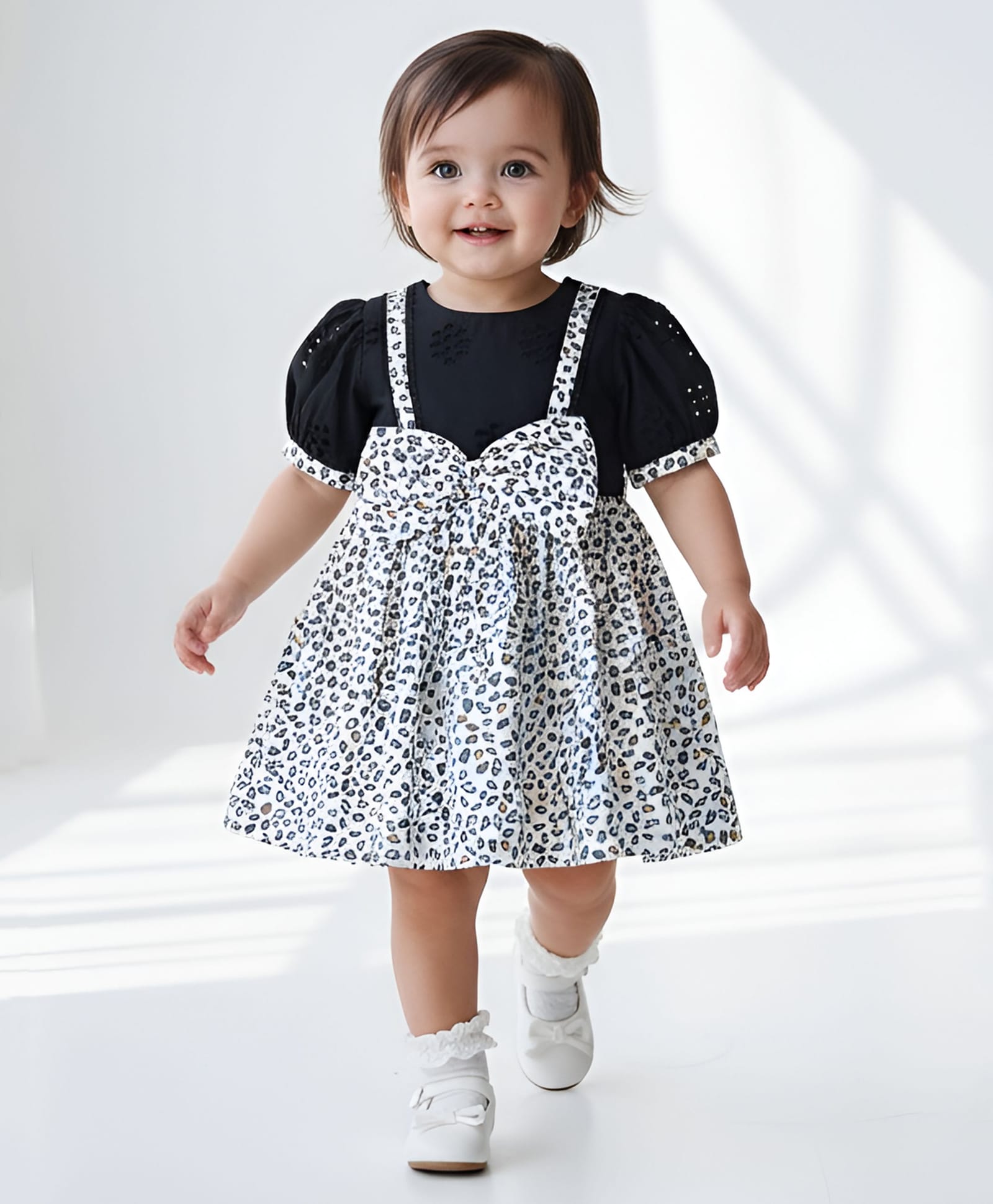 Bella Moda Cotton Woven Half Puffed Sleeves Leopard Pattern Printed Schiffli Embroidered & Bow Applique Detailed Dress - Navy Blue-image-33
