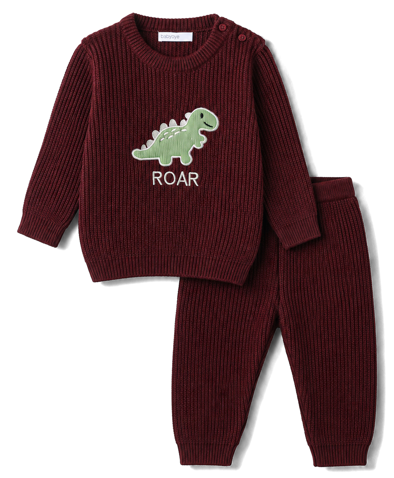 Babyoye Chenille Yarn Full Sleeves Dino Embroidered Sweater Set- Brown-image-6