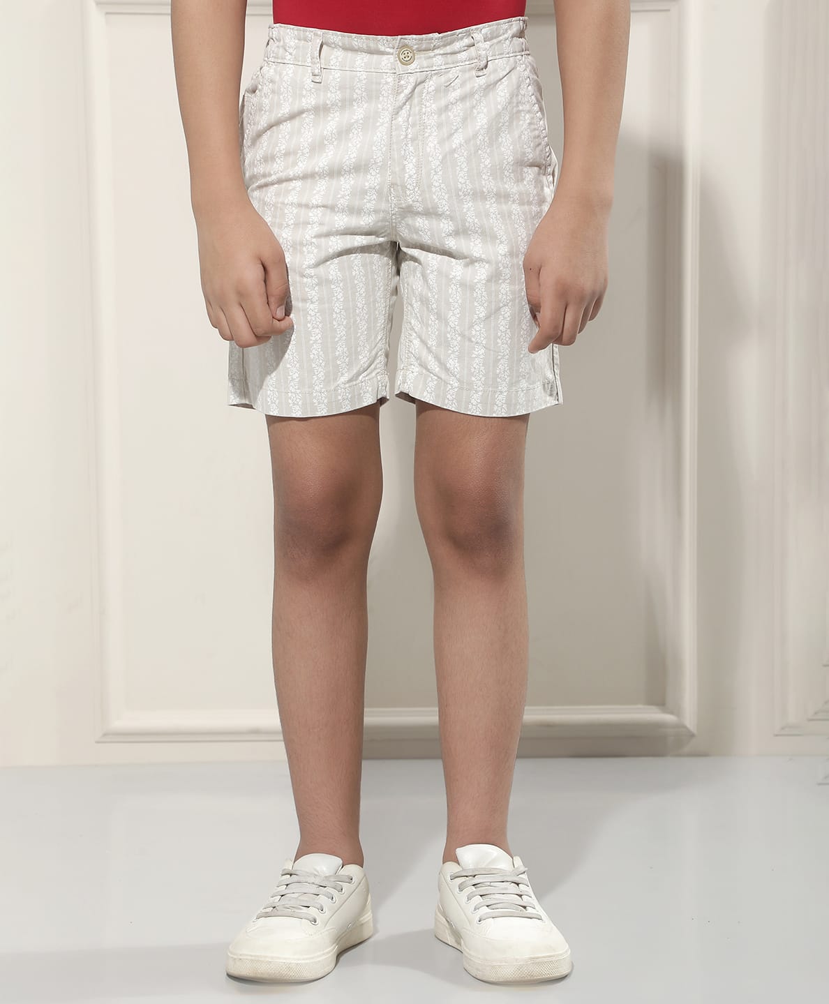 CRIMSOUNE CLUB Cotton Woven Striped & Floral Printed Shorts - Beige-picture-23