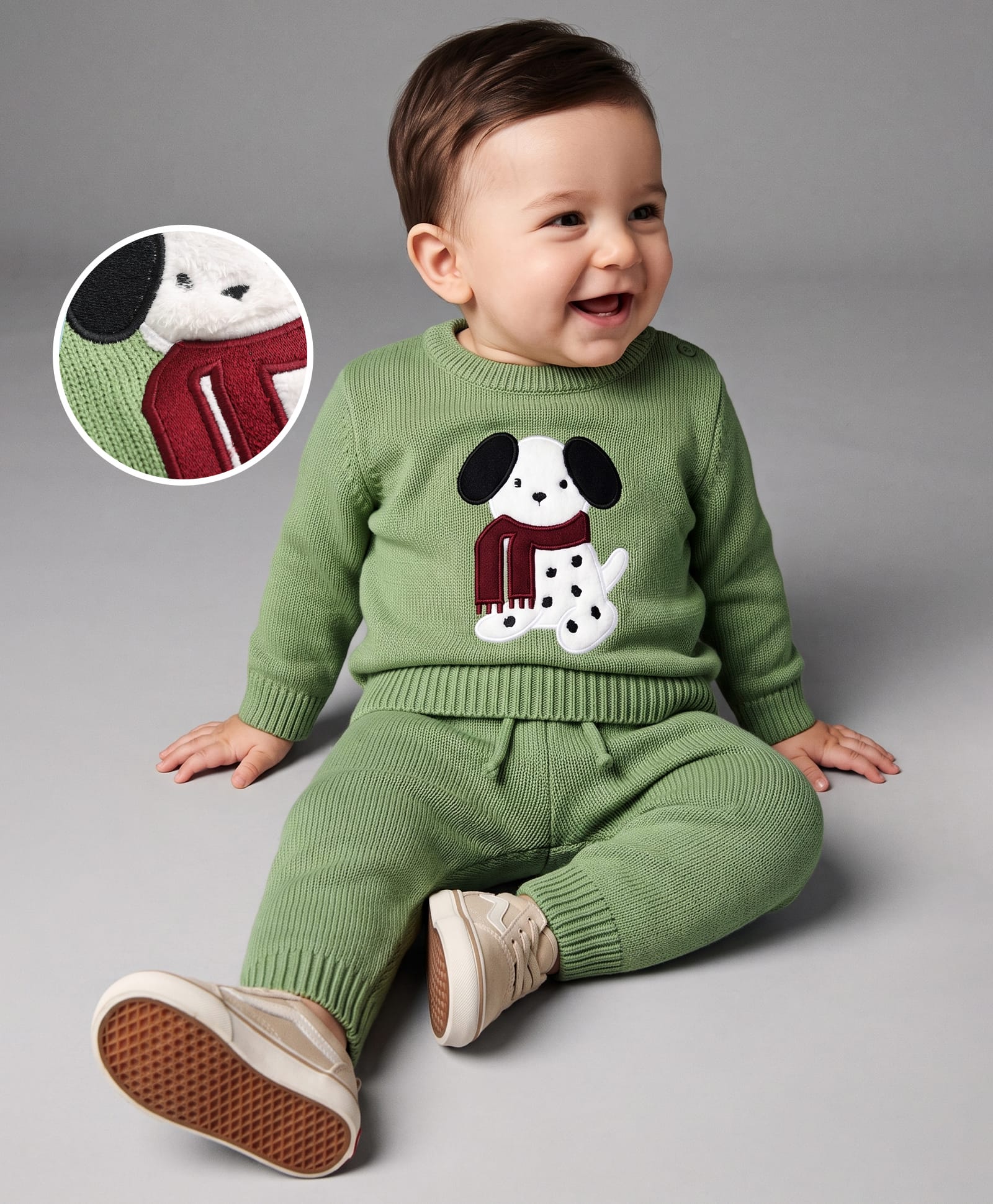 Babyoye Knit Full Sleeves Baby Sweater Set With Puppy Embroidery - Green-picture-3