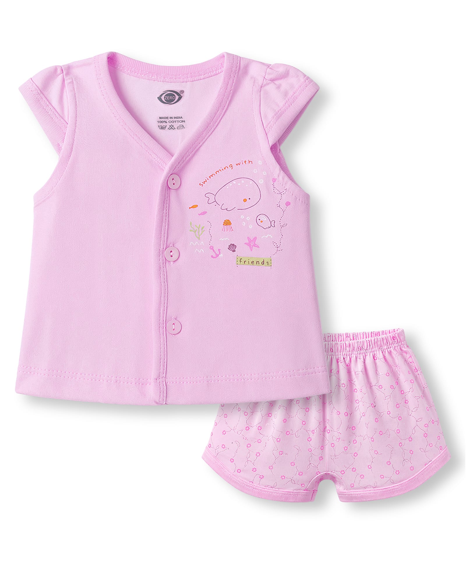 Zero Sinker Knit Half Sleeves T-Shirt & Shorts Night Suit With Sea Life and Floral Print - Pink-picture-20