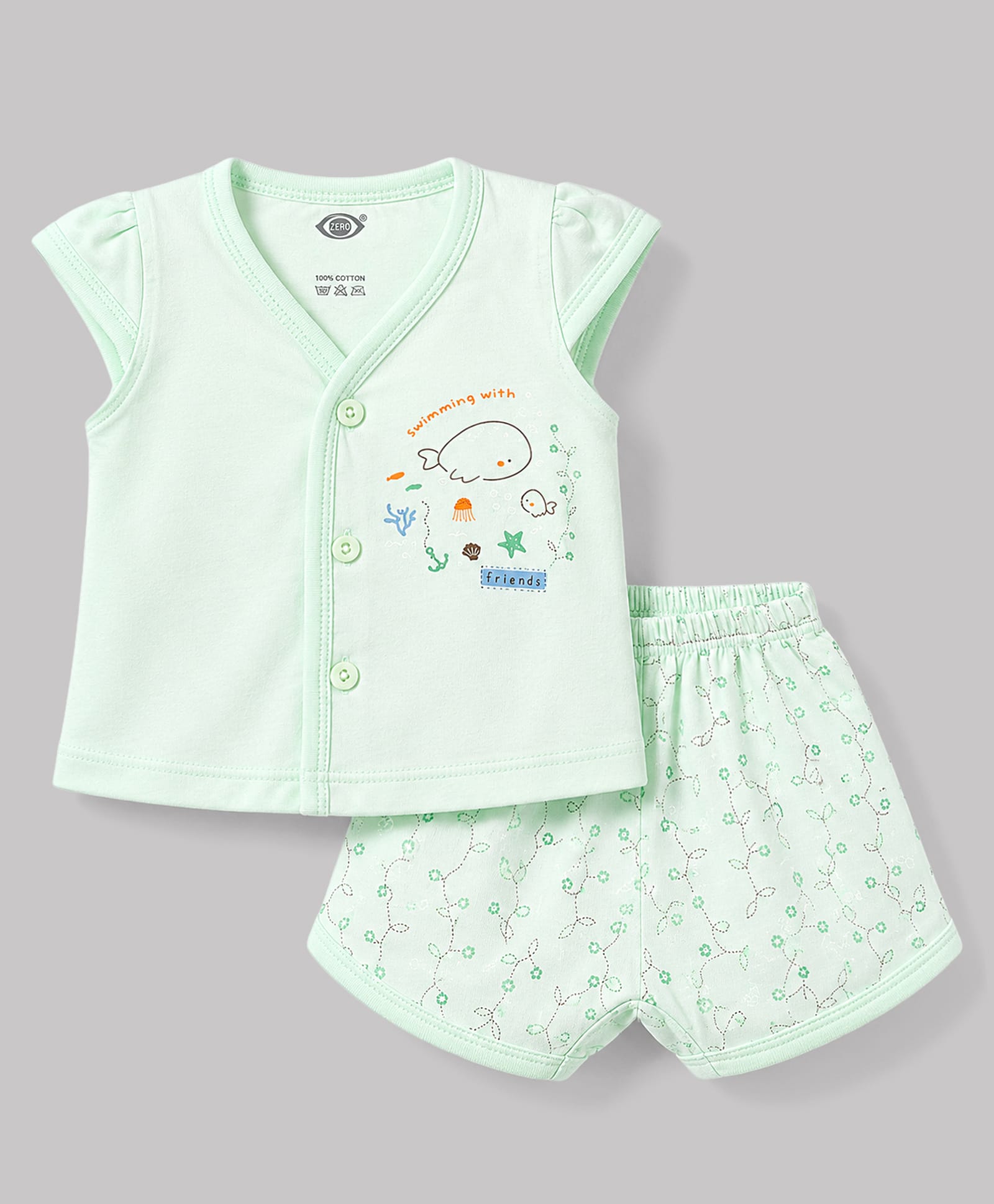 Zero Sinker Knit Half Sleeves T-Shirt & Shorts Night Suit With Sea Life and Floral Print - Sea Green-picture-21