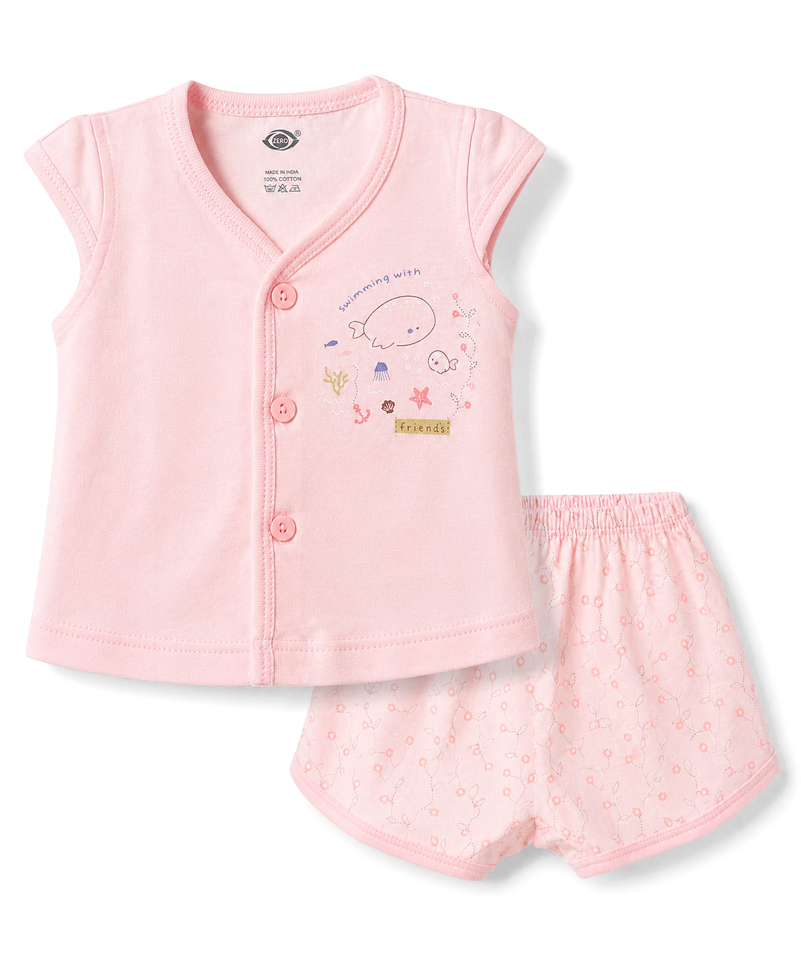 Zero Sinker Knit Half Sleeves T-Shirt & Shorts Night Suit With Sea Life and Floral Print - Baby Pink-picture-29