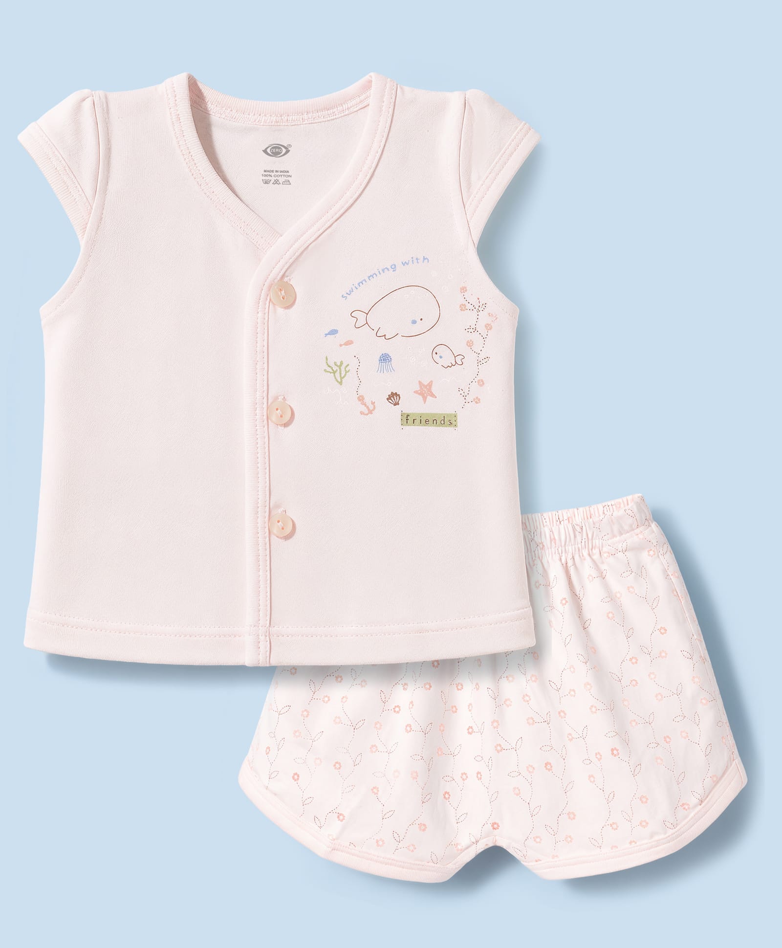 Zero Sinker Knit Half Sleeves T-Shirt & Shorts Night Suit With Sea Life and Floral Print - Peach-picture-30