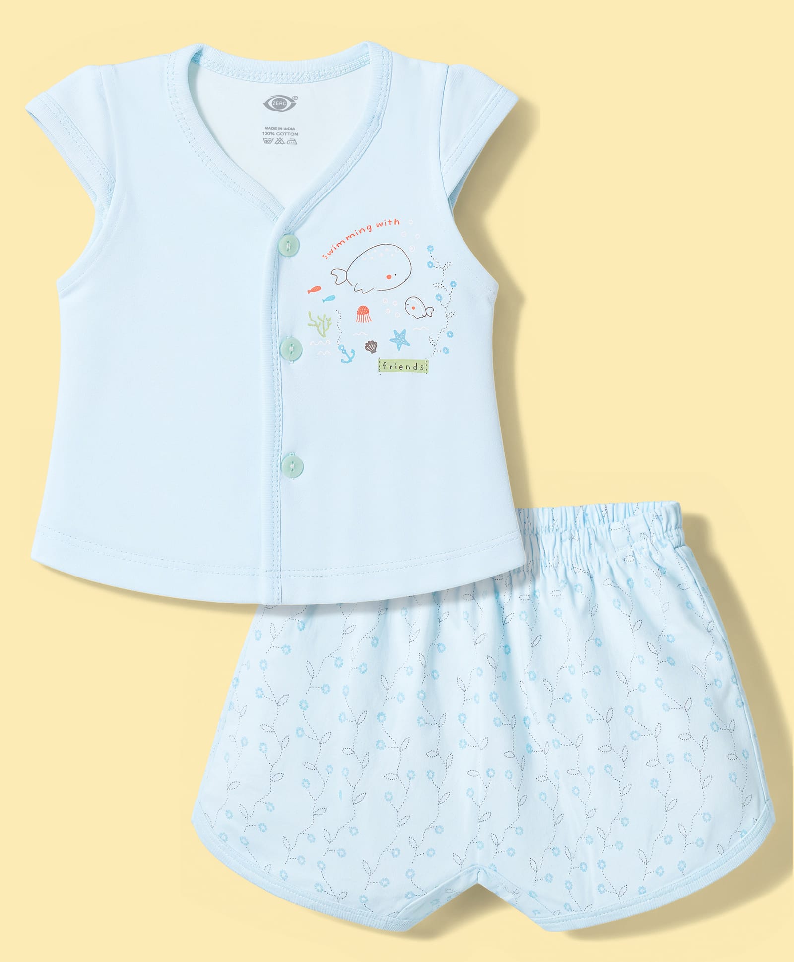 Zero Sinker Knit Half Sleeves T-Shirt & Shorts Night Suit With Sea Life and Floral Print - Light Blue-picture-24